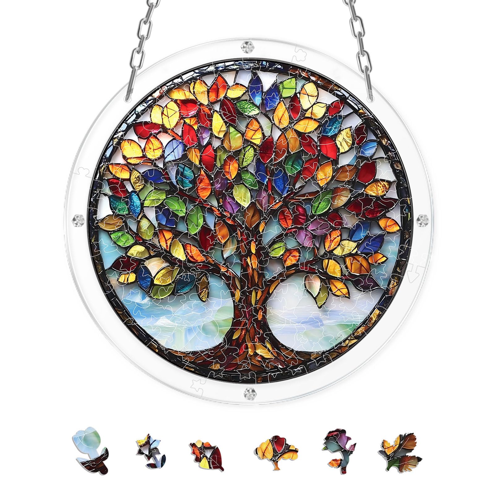 Round Tree Stained Glass Acrylic Irregular Jigsaw Suncatcher 82Pcs Window Hanging DIY Craft Decor Gift
