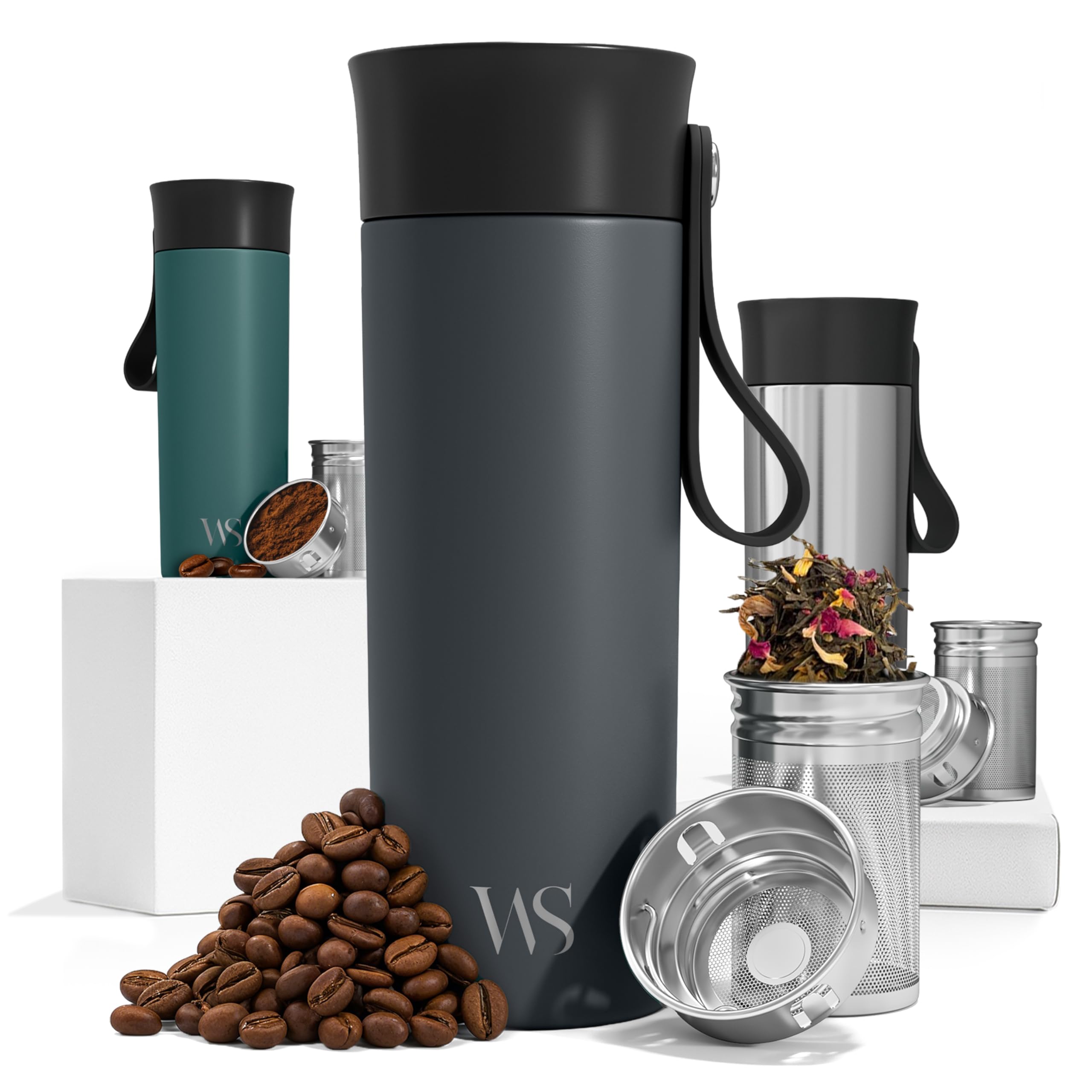 Kaffemugg Termos To Go Läckagesäker med Bärrem & Te-Infuser + BPA-fri | Dubbelväggigt Vakuumisolerat Rostfritt Stål, Återanvändbar Tumbler + Tea Drinking Cup, 360ml Drickskopp, Varmt Kallt - Cool Grey - 360° Drickslås