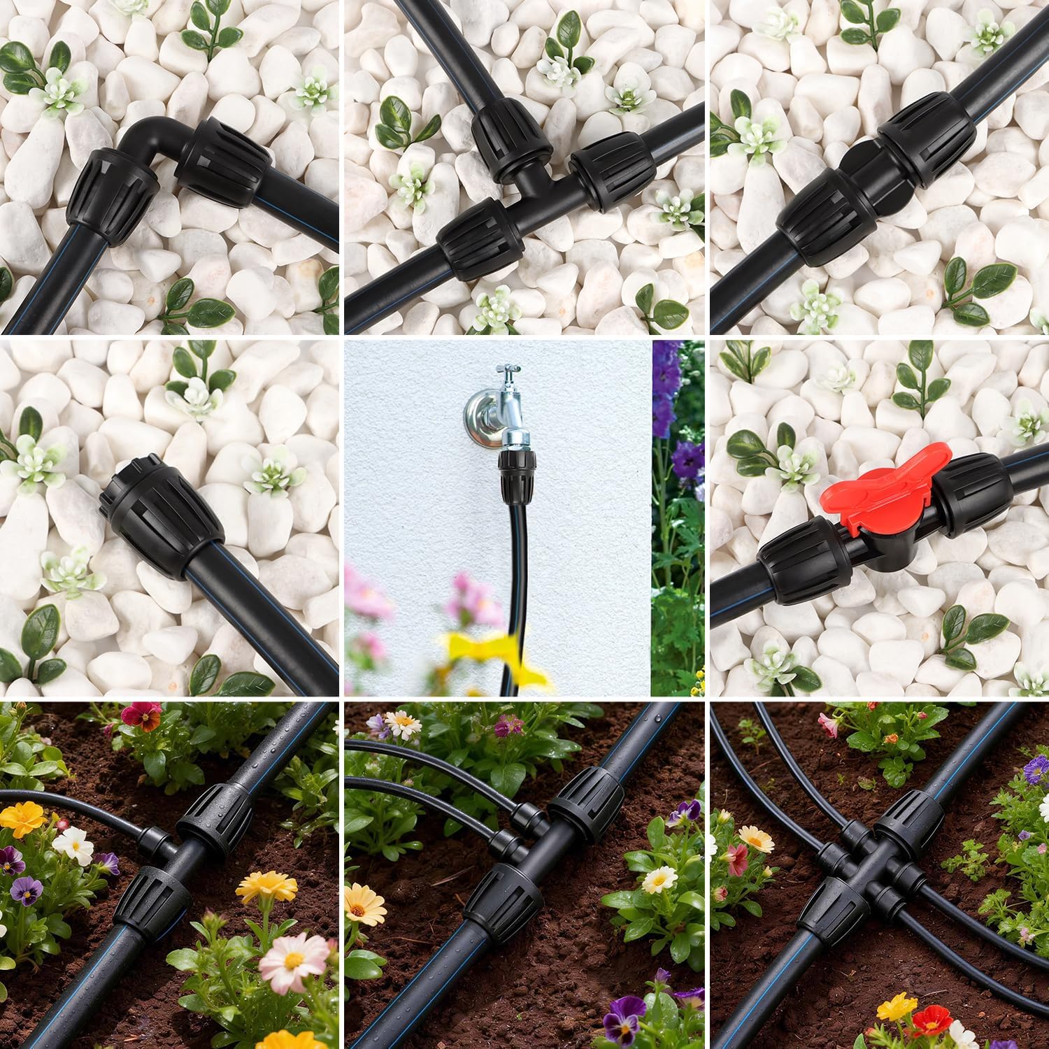 RedChili 24 Pcs 1/2 Inch Irrigation Tubing Fittings Kit, 16mm 1/2" Drip Line Barbed Locked Nuts Connectors with 3 Couplings 3 Tees 6 Plugs 2 Elbows 2 Valves 6 Quick Connect Reducers 2 Hose Adapters