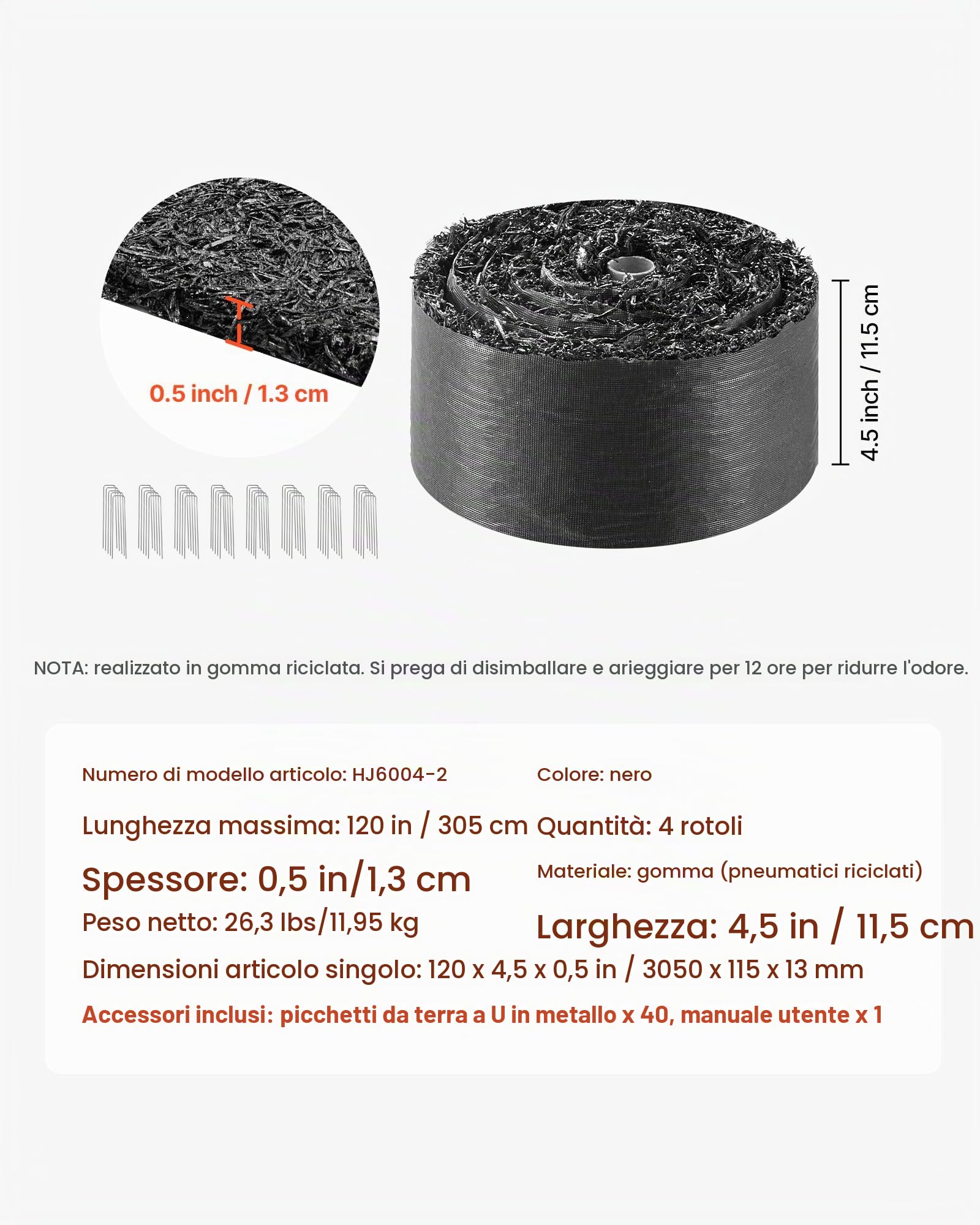 VEVOR Telo Pacciamatura Antierbacce per Orto Giardino 4 Rotoli da 3050 x 115 x 13 mm, Bordatura Permanente in Gomma, Barriera per Fiori dall'Aspetto Naturale con Picchetti, Nero