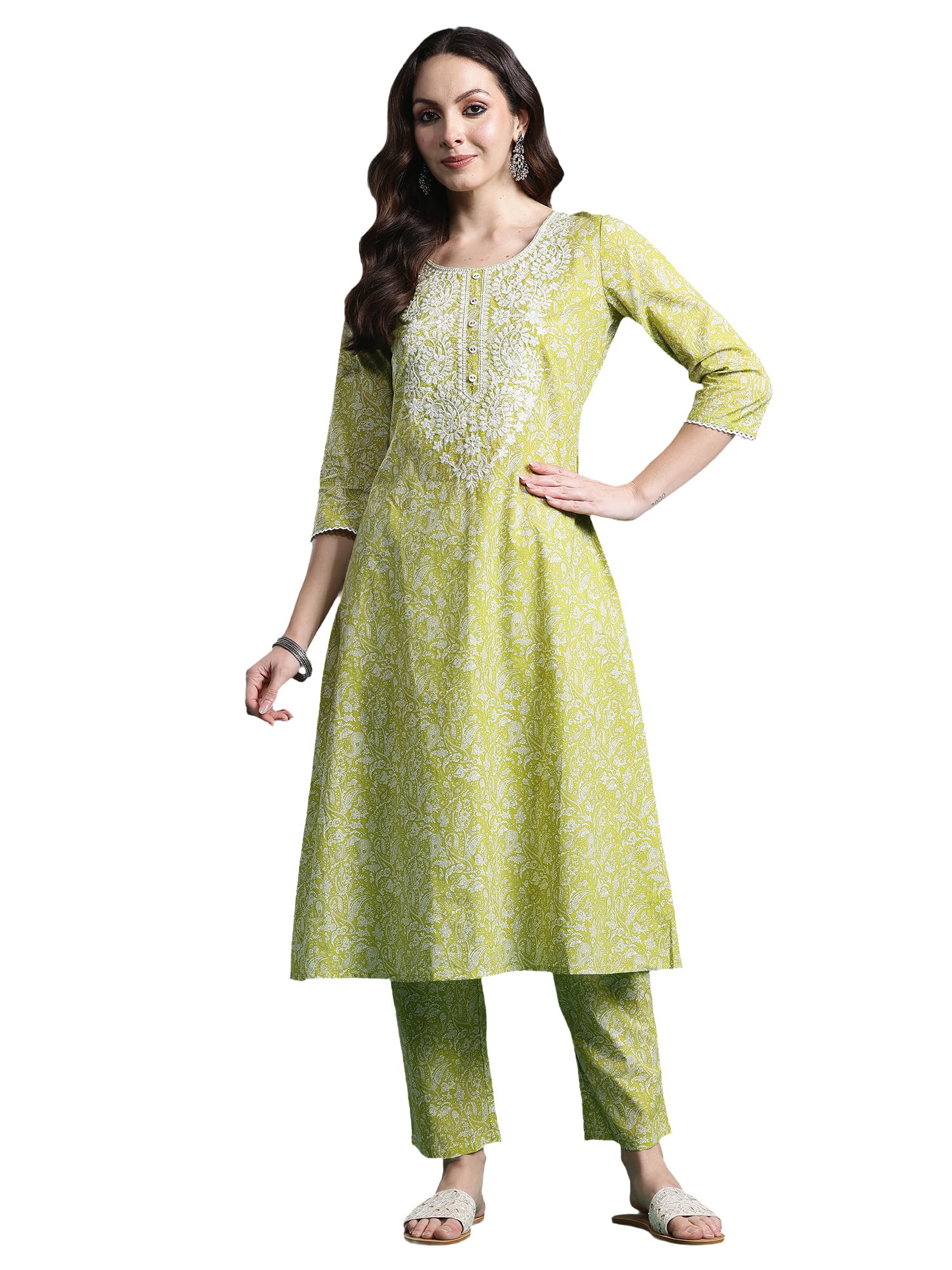 indo era Women's A-Line Pure Cotton Paisley Embroidered Kurta & Pant Set (KS0GN10475)-picture-21