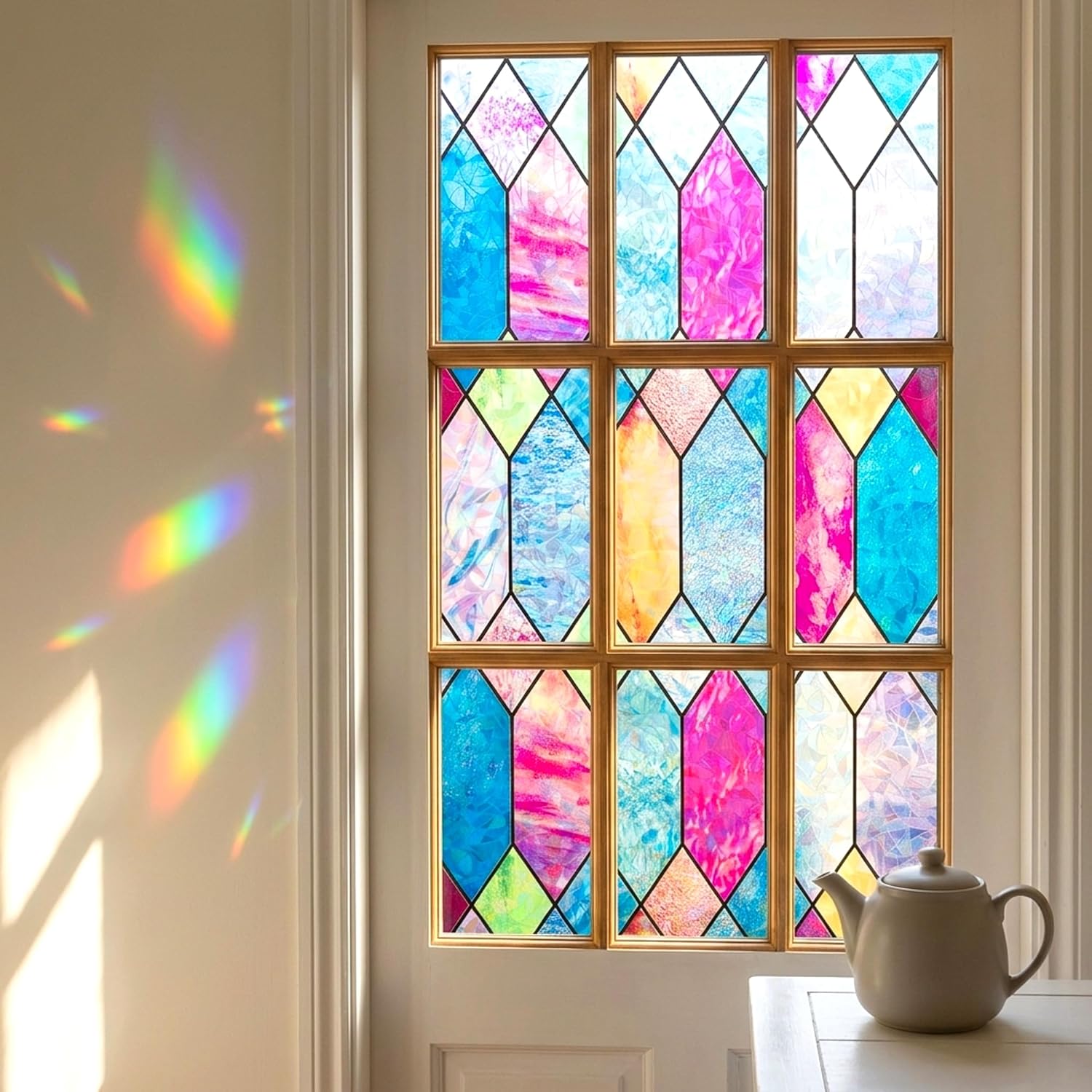 Static Cling Window Privacy Film Stained Glass Door Film Colorful Moroccan Lattice No Glue Decorative Bathroom Door Coverings Tints UV Sun Blocking Heat Control,35 inches by 78.7 inches