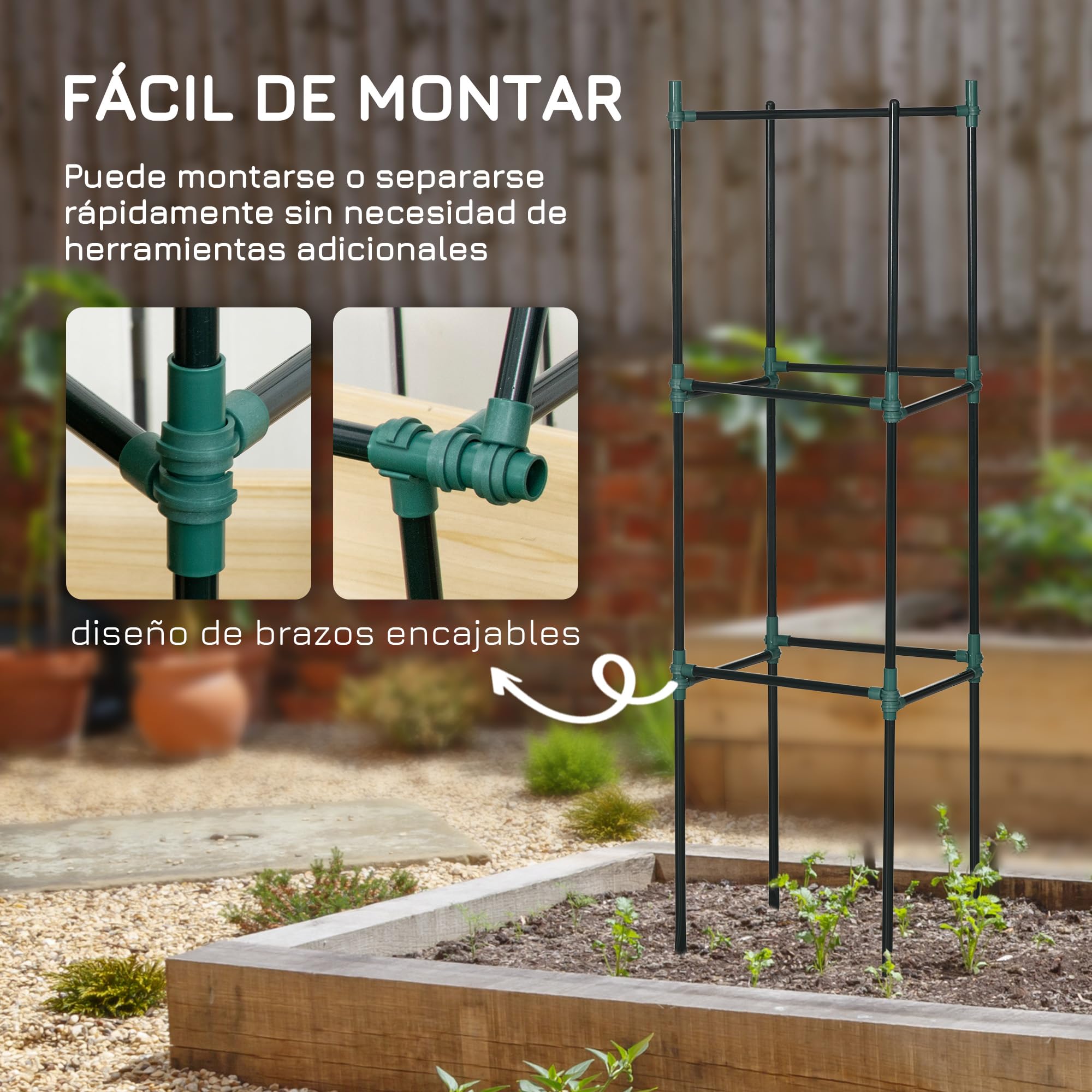 Outsunny Juego de 3 Enrejados de Jardín Soportes para Plantas Trepadoras con Marco de Acero para Frutas Verduras Flores Decoración Exterior Patio Terraza 38x38x182 cm Verde
