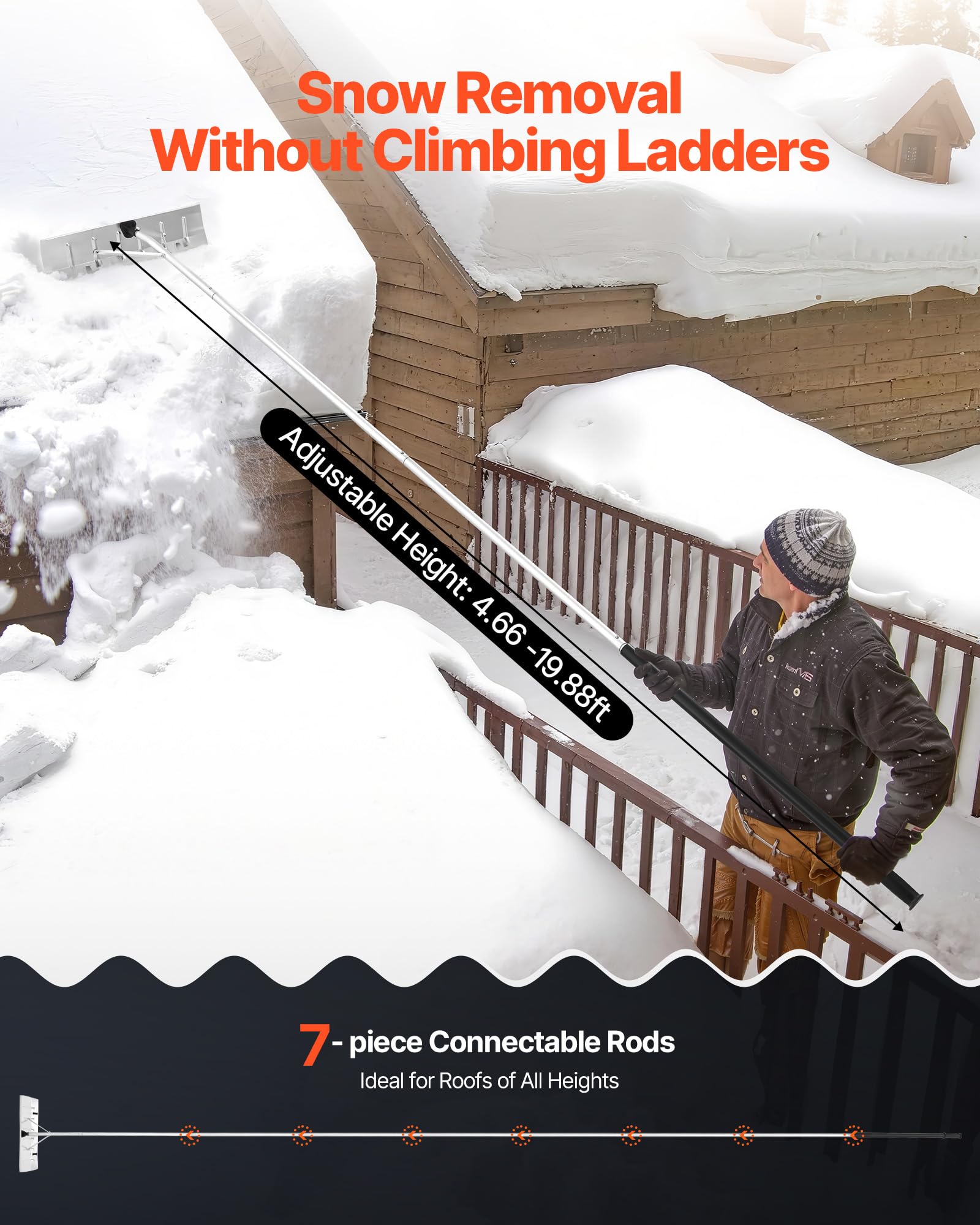 VEVOR Schnee Dachrechen, 66 cm Alu-Klinge, 142–606 cm Verstellbarer Schneeschieber mit Rädern, Schneeräumwerkzeug mit rutschfestem Griff, Hausdachrechen zum Entfernen von Laub & Schnee