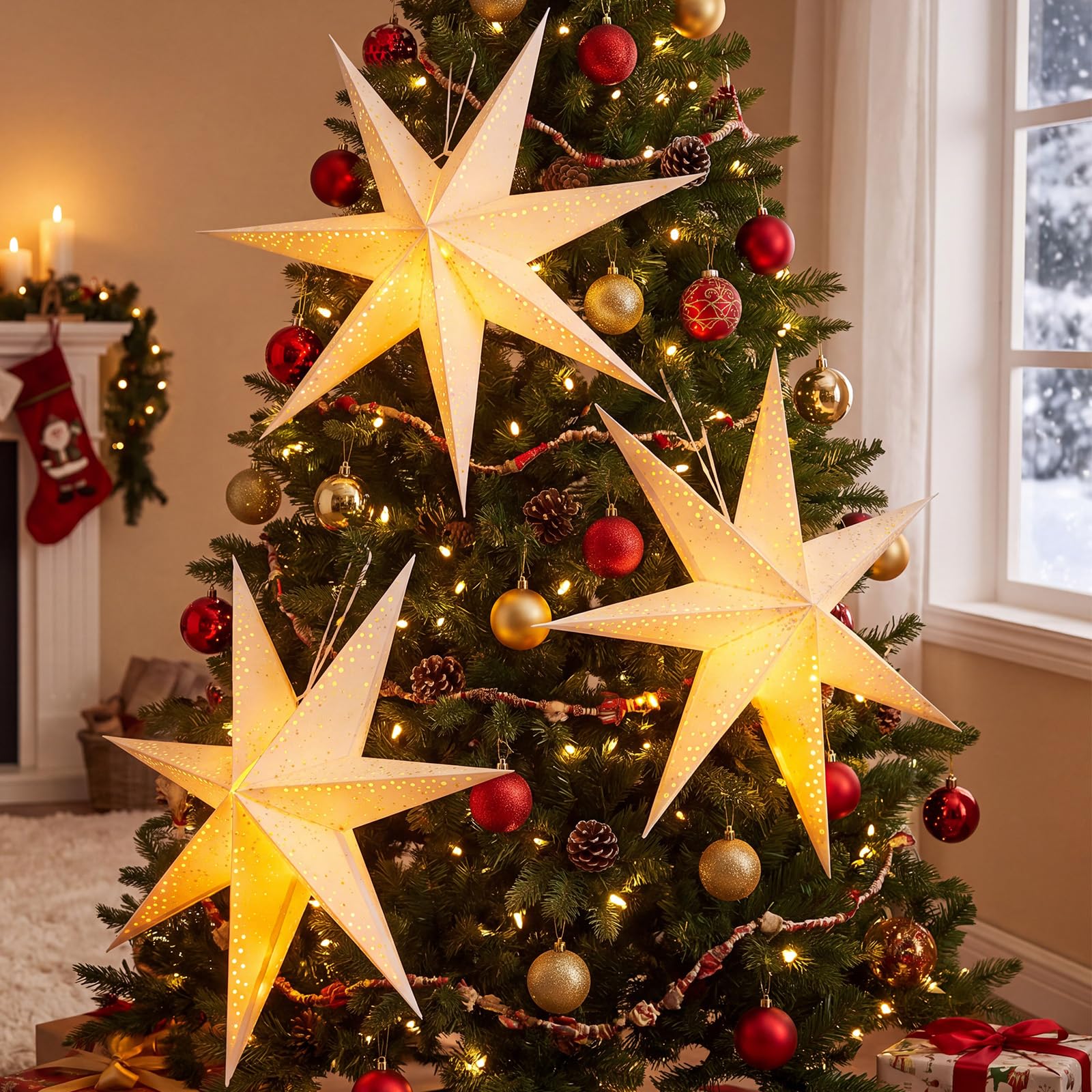 Sabary Papierstern-Laterne, 73 cm, extra groß, Weihnachtspapiersterne, Lampenschirm, 7 spitze Sterne, hängende Ornamente für Weihnachten, Neujahr, Hochzeit, Party, Urlaub, Geburtstag, Party
