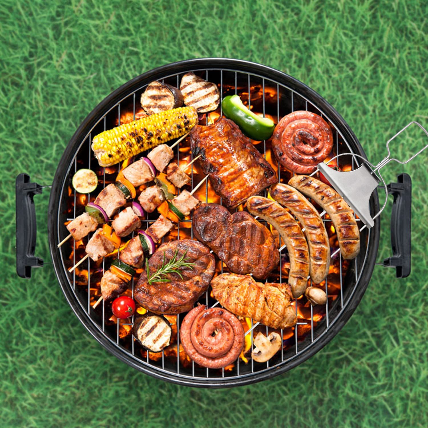 Pinchos de acero inoxidable de 3 puntas para barbacoa Pinchitos con barra deslizante, fácil extracción de alimentos, 2 pinchos, un cepillo para untar y bolsa de almacenamiento