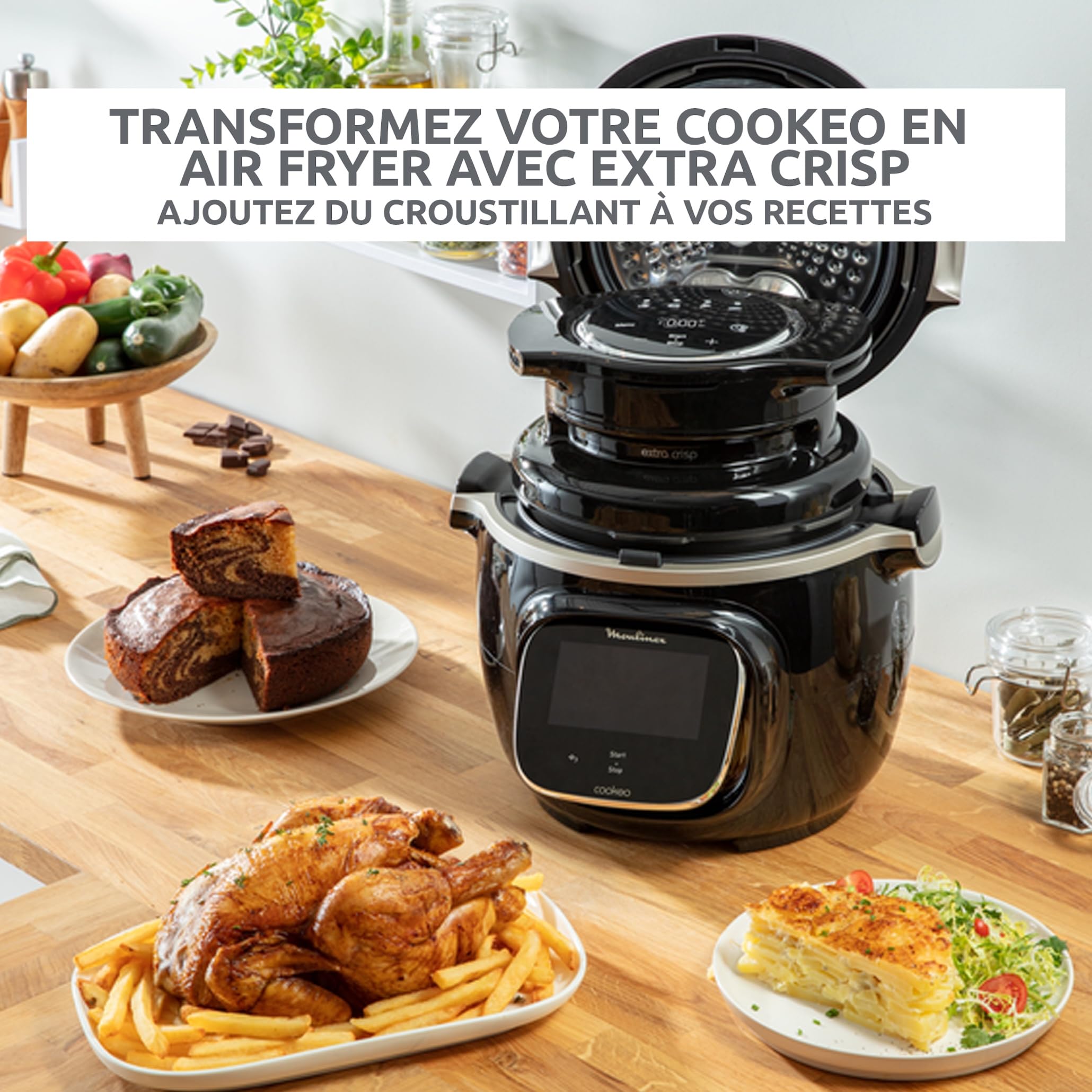Moulinex Extra Crisp Cookeo, Couvercle air fryer, Recettes croustillantes, Cuisson sans huile, 4 programmes, Température réglable, Compatible avec les Cookeo 6 L, Noir EZ150800