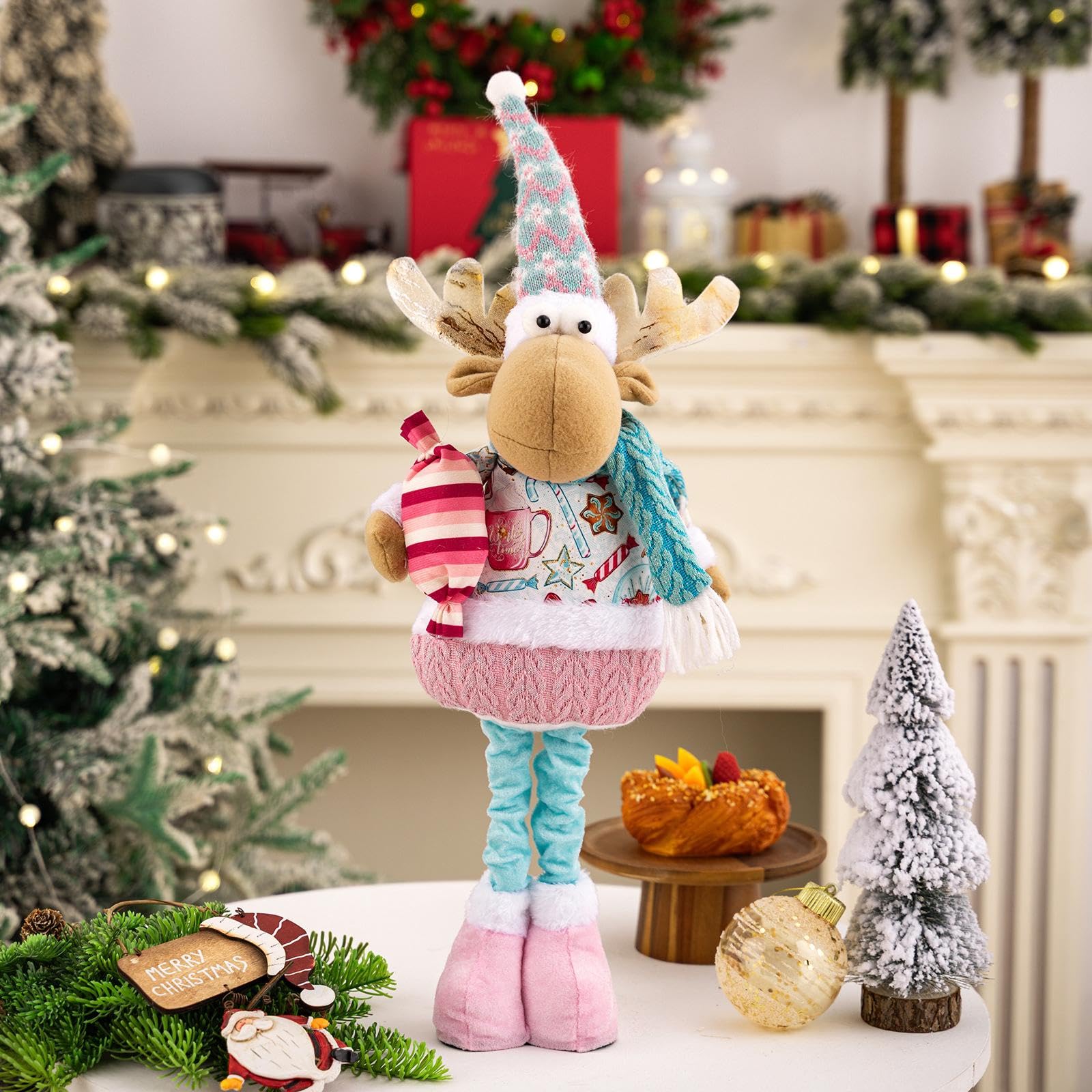 Qianly Muñeco Navideño Adorno de Peluche Figura de Navidad Muñeco con Base Fija Material Poliéster Adecuado para Biblioteca Decoración Familiar Regalo Creati, Alce, Individual
