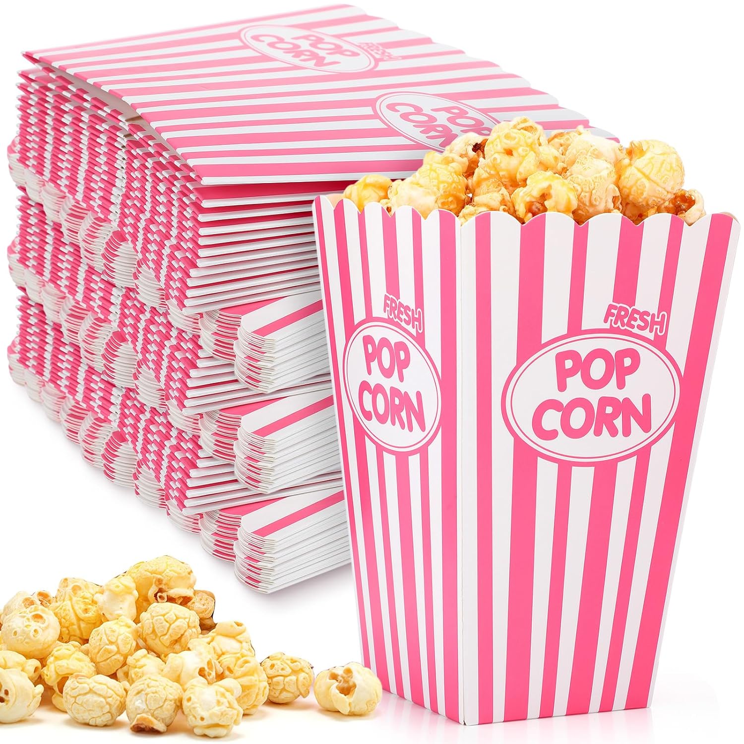 Xinnun 100 Pack Popcorn Boxes Classic Pink White Stripe Paper Popcorn Buckets Disposable Oil Proof Container Vintage Retro Open Top Holders for Movie Night Supply Theater Carnival Party