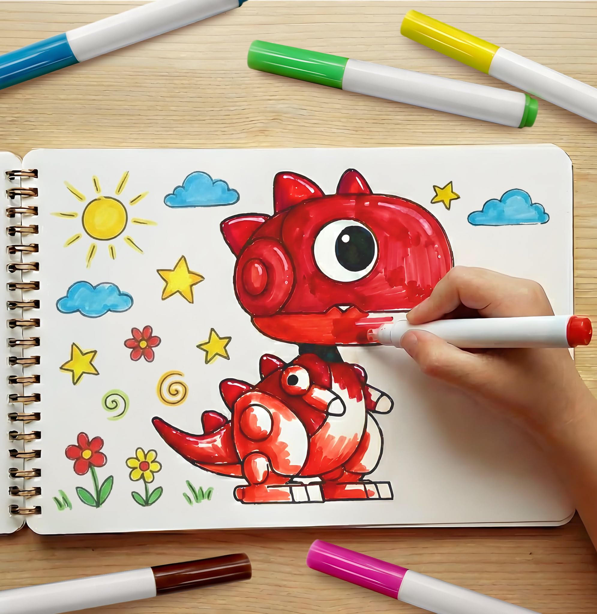 DinoFun Livre d'autocollants réutilisables pour enfants | Ensemble 2 en 1 avec plus de 160 autocollants, 6 marqueurs et 11 thèmes | Jouet de voyage éducatif pour enfants de 4 à 8 ans