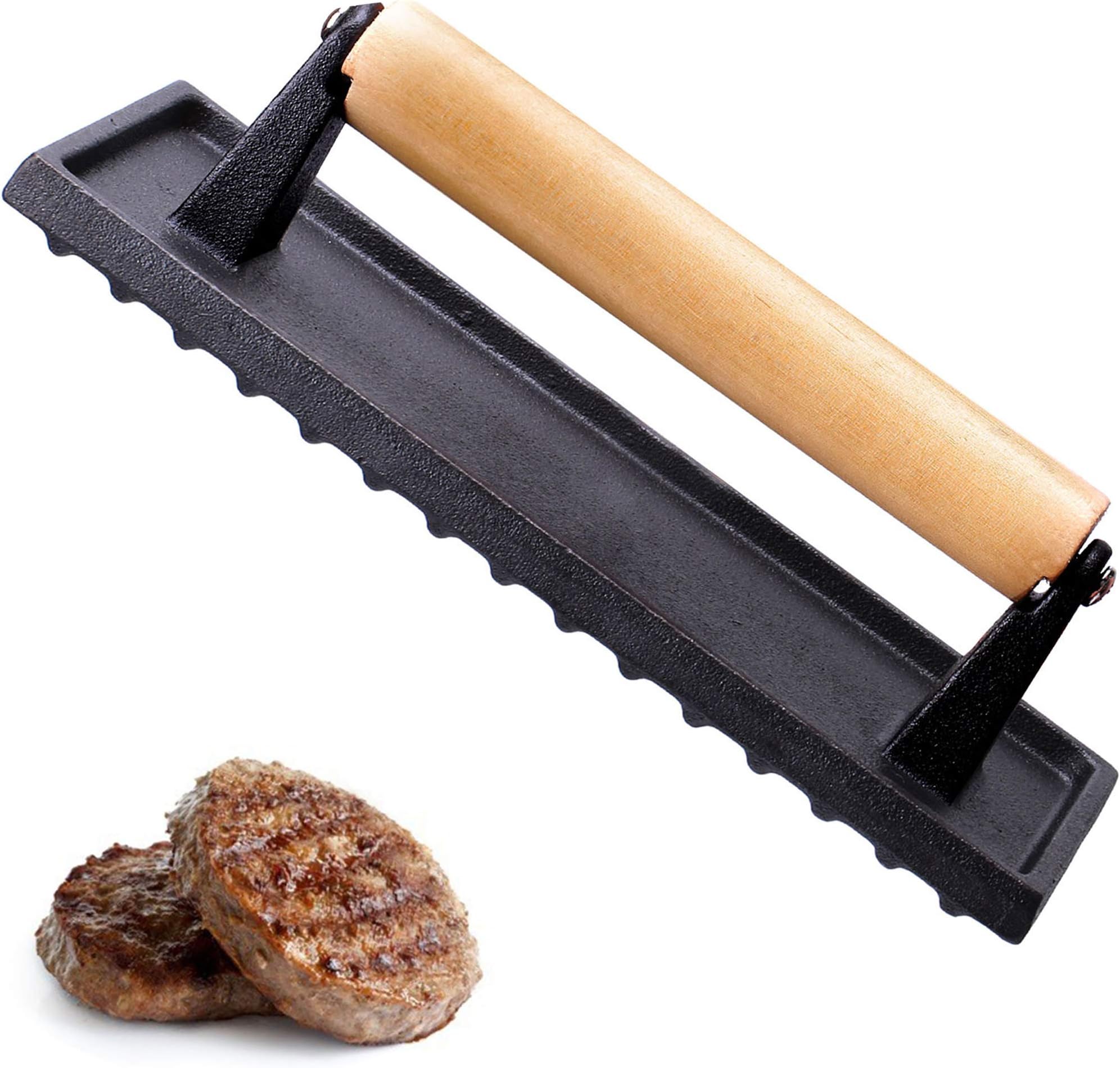 9 Inches Cast Iron Grill Press, Steak Weight Bacon Press with Wood Handle Pre-Seasoned Rectangular Barbecue BBQ Hamburger Sausage Panini Meat Griddle Press
