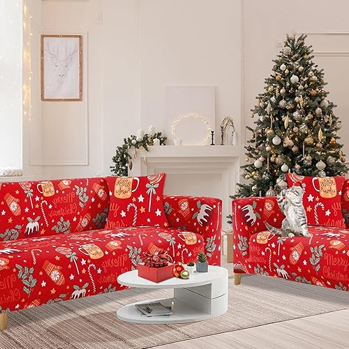 Miniatura 5 de Miaotto Funda elástica para sofá de 1 pieza, funda de sofá de Navidad para sofá de 2 cojines, apta para mascotas y perros, con 2 fundas de almohada,