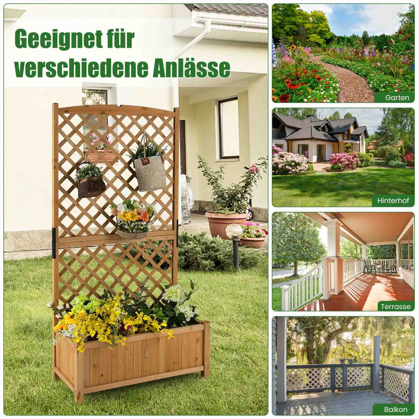 COSTWAY Pergola ze skrzynką na kwiaty z drewna jodłowego, 180 cm, skrzynka na rośliny pnące, podwyższona grządka z kratką dla roślin pnących i otworem drenażowym, donica na kwiaty do ogrodu, na