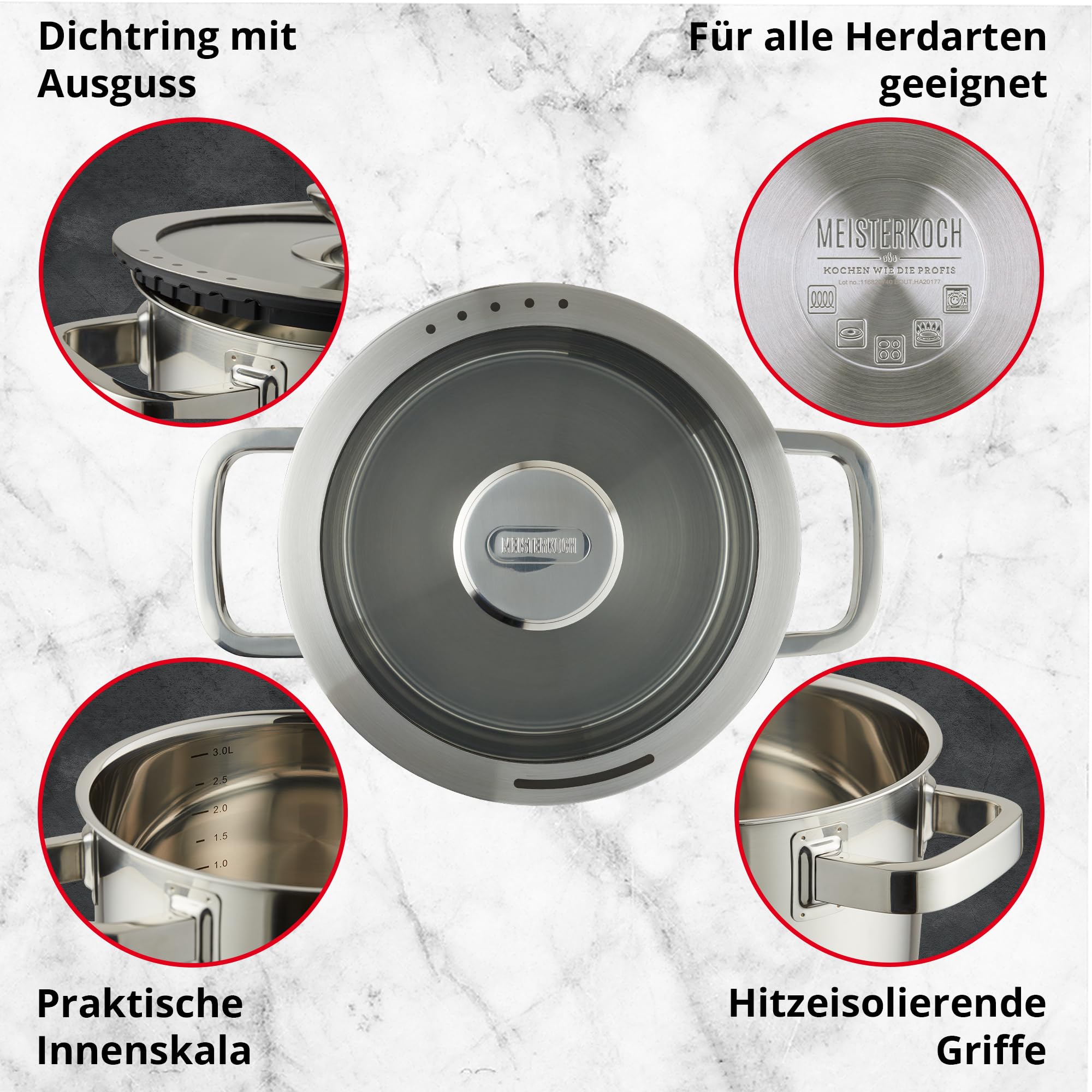 Meisterkoch Topfset Induktion Edelstahl Kochtopfset 3-teilig, Silikonring mit Sieb im Glasdeckel, Hitzeisolierende Griffe, Innenskala, spülmaschinengeeignet, für alle Herdarten