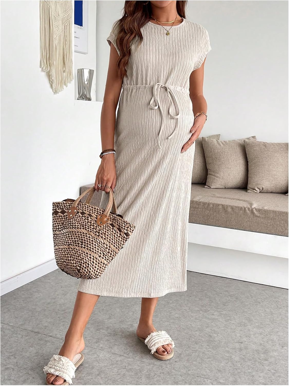 OYOANGLE Women's Maternity Summer Casal Short Sleeve Midi Dress Drawstring Waist Textured Pregnancy T Shirt Dress