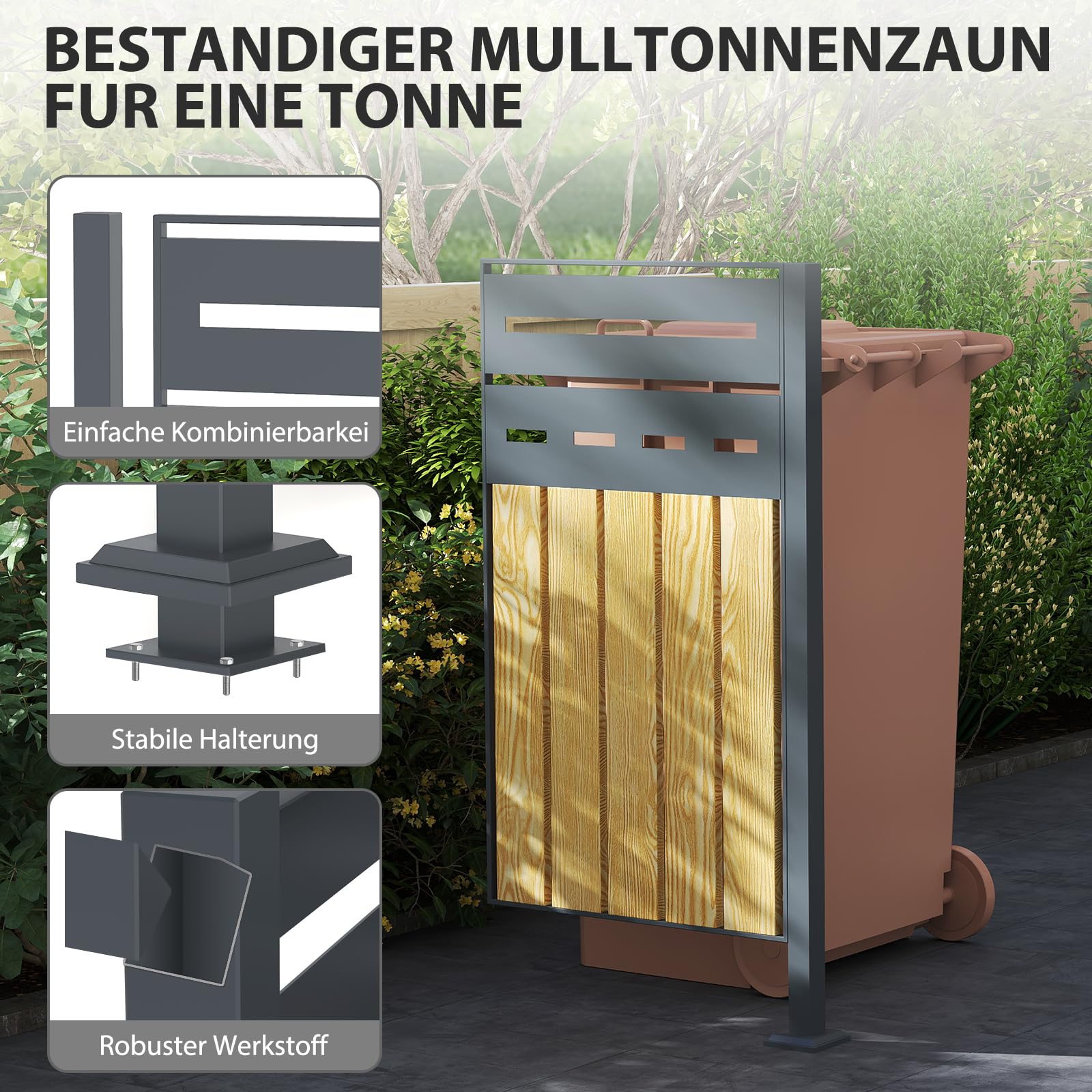 Mülltonnenzaun, Erweiterungsmodul Mülltonnenbox für 60-240L Mülltonnen, Mülltonnenverkleidung mit Sichtschutz, 80x150x5cm für 1 Mülltonne, Holzoptik