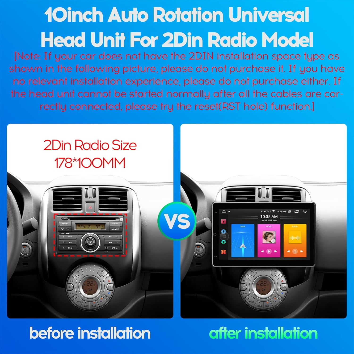 Comparison of a standard 2DIN radio slot and the WENMENGDE 10-inch unit installed.
