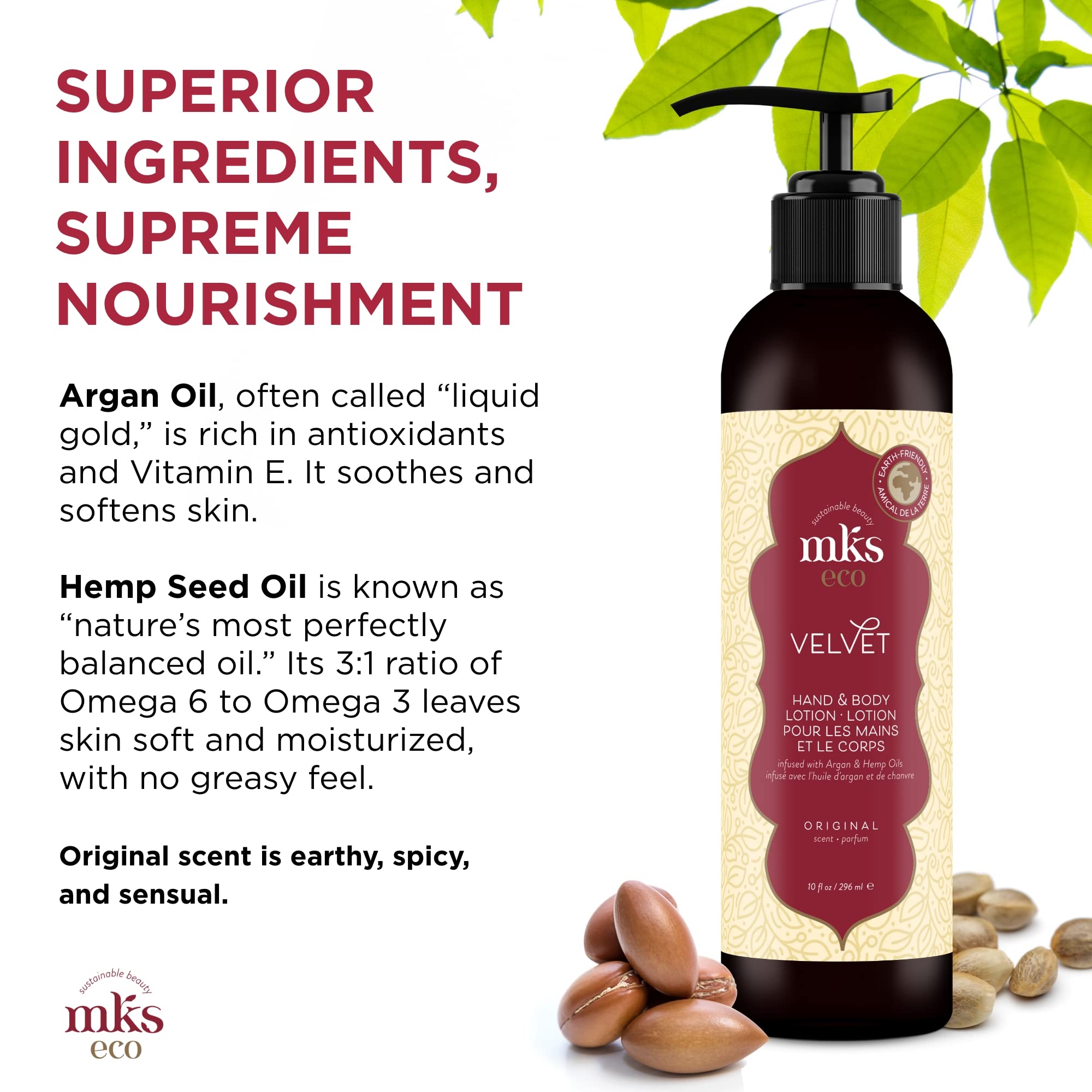 MKS eco Velvet Hand & Body Lotion, Original Scent - 10 oz - Restores Skin Softness, Flexibility & Elasticity - With Moroccan Argan Oil & Hemp Seed Oil - Vegan & Cruelty Free