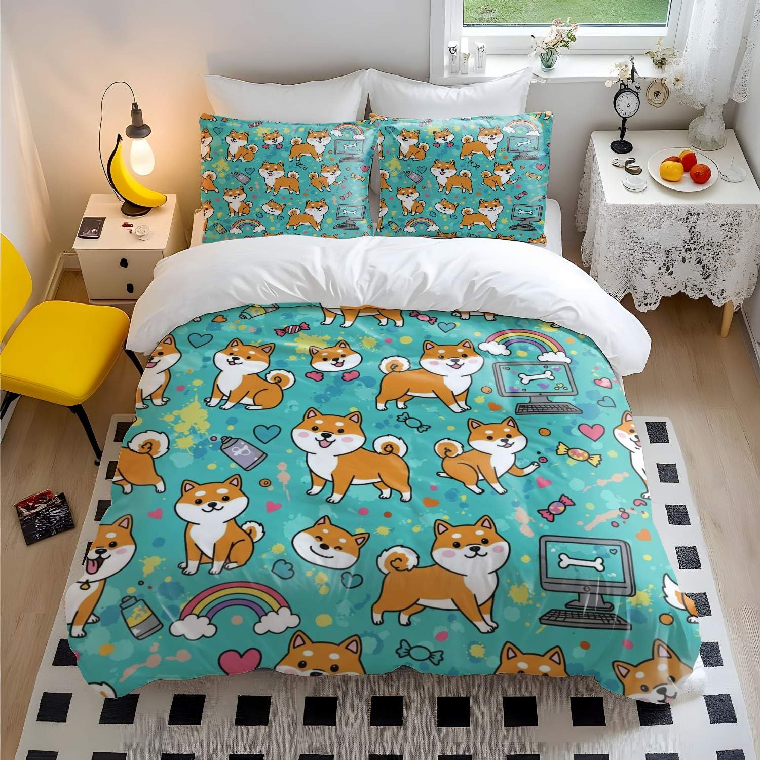 Housse de couette arc-en-ciel enfant lit simple avec deux taies d'oreiller 50x75 cm