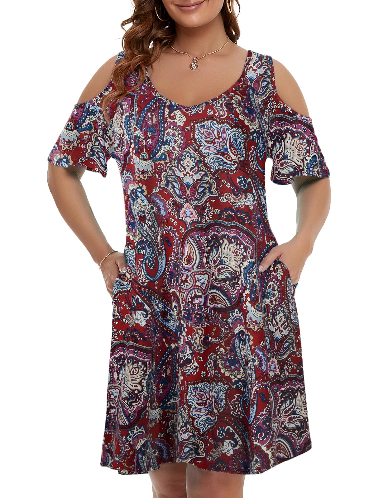 JollieLovin Womens Plus Size Short Sleeve Cold Shoulder V Neck T-Shirt Dress with Pockets