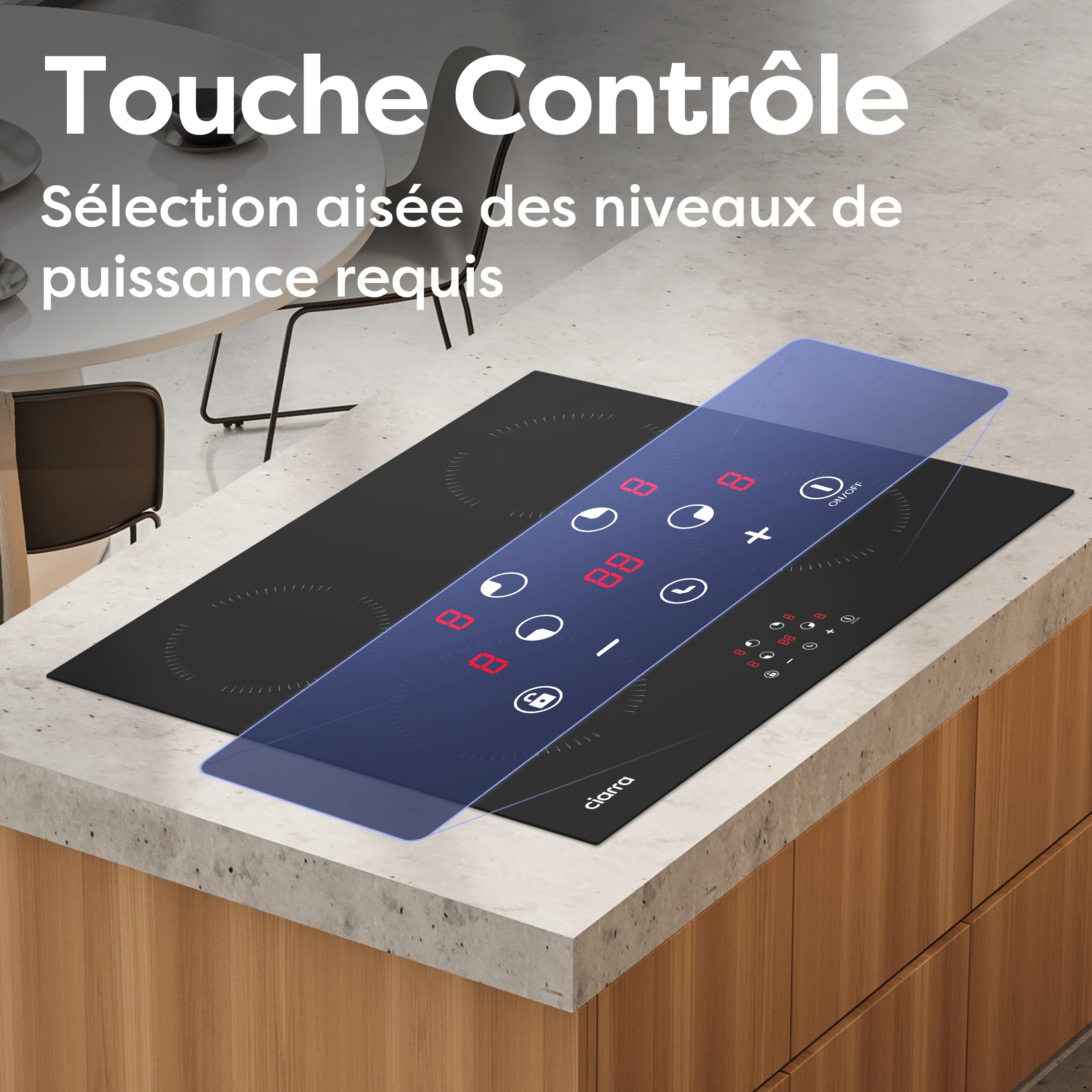CIARRA Plaque de Cuisson à Induction - 4 Foyer 6000W - Table de Cuisson Encastrable - Commande Tactile - 9 Niveaux - CABBIH4-A