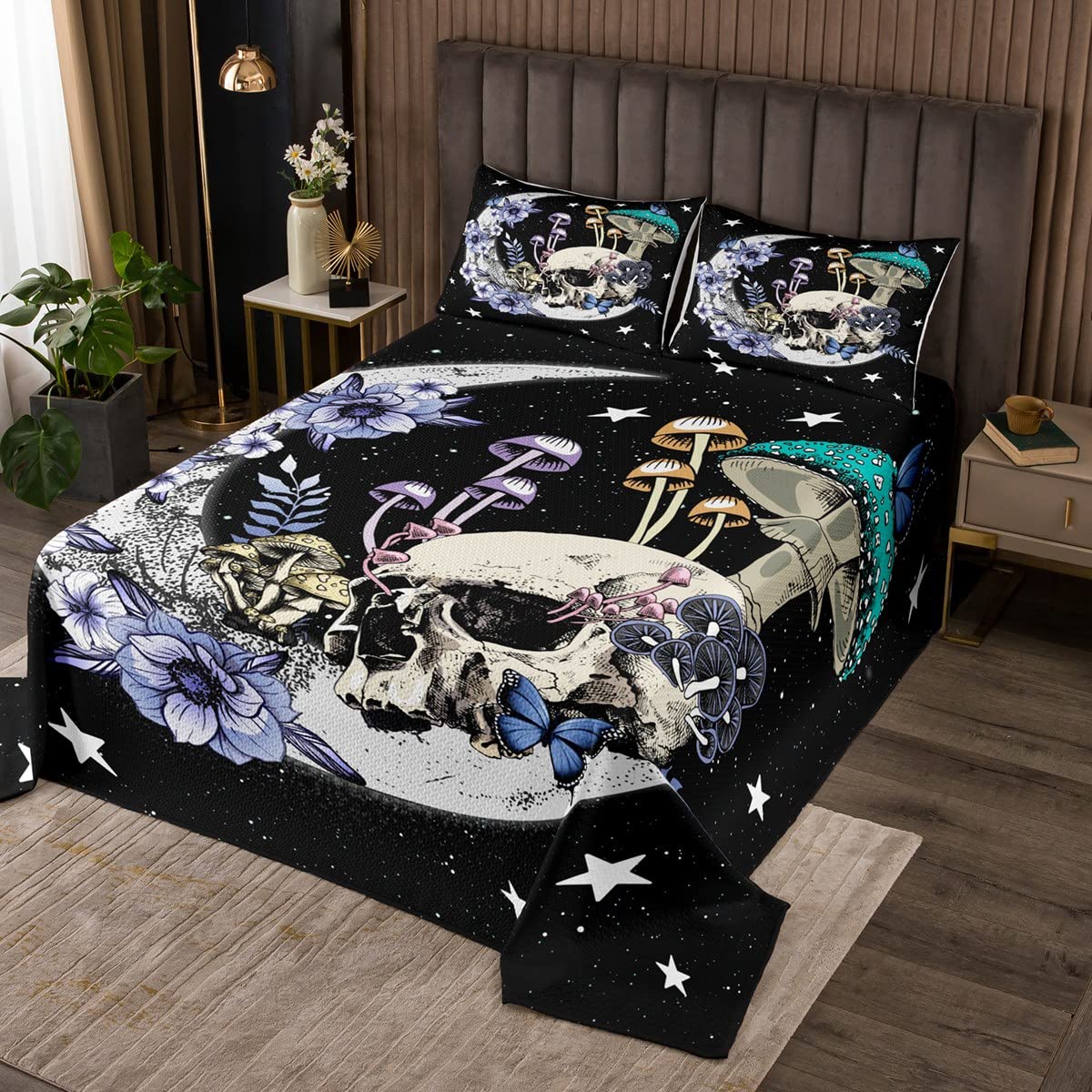 Castle Fairy Star Moon Bedspread Queen Size Mushroom Sugar Skull Coverlet Set 3pcs for Kids Girls Boys Youth Bedroom Decor Exotic Plants Comforter Set Purple Flower Butterfly Quilt Set,2 Pillowcases