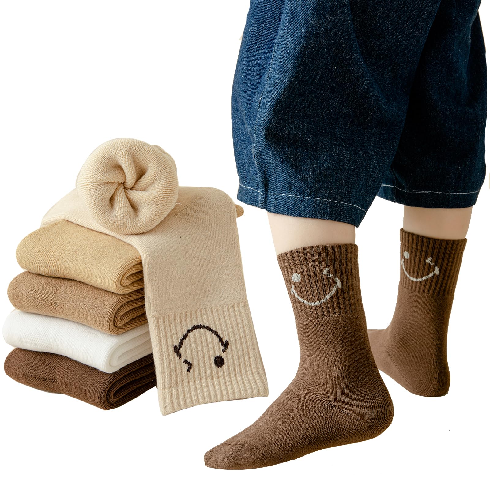 Girls Boys Happy Face Cotton Crew Socks Toddler Terry Thickened Warm Funny Ankle Socks for Kids 5 Pairs