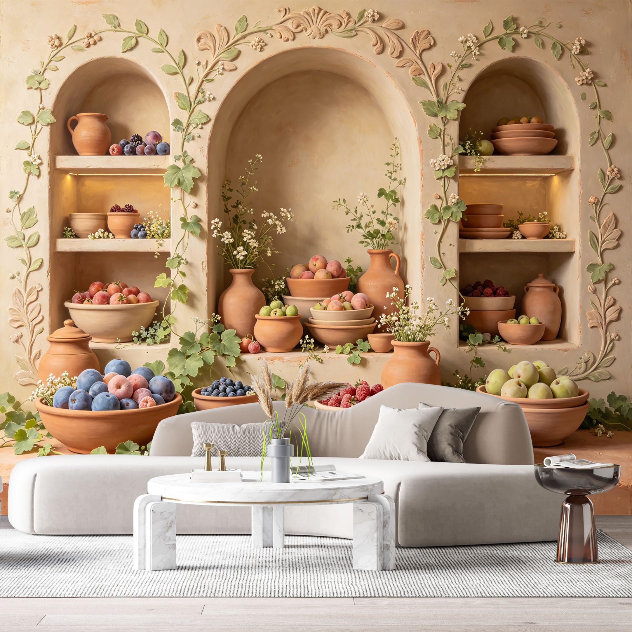 Custom Size Wall Murals Farmhouse Still Life Fruit Harvest Pottery 3D Trompe L'Oeil SelfAdhesiveWall Fabric Removable Wallpaper Wall Decor for Living Room Bedroom Bathroom