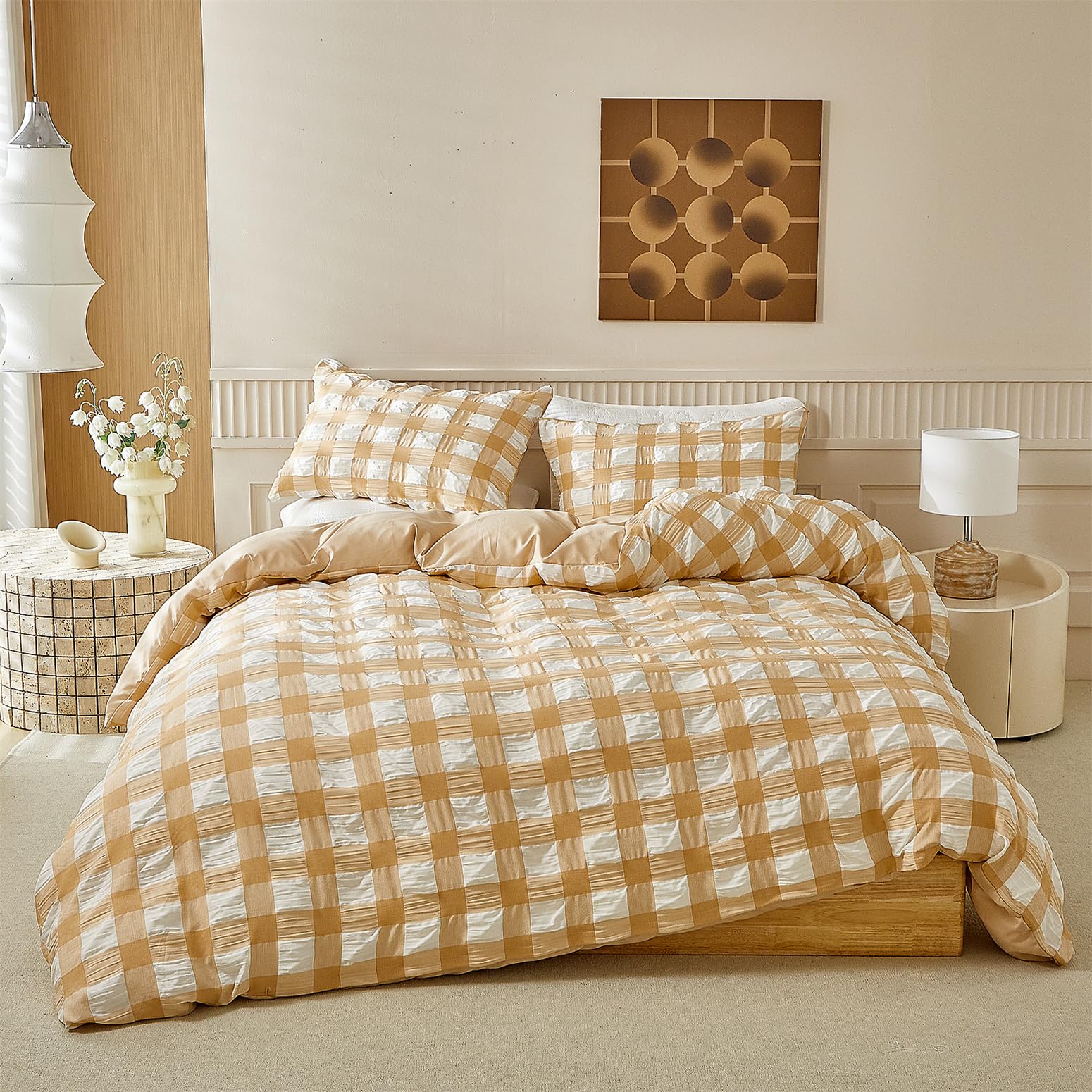 YASMENG Seersucker - Ropa de cama de 220 x 240 cm, diseño a cuadros, color beige y blanco, 3 piezas, suave y transpirable, microfibra, funda nórdica con cremallera y 2 fundas de almohada de 80 x 80 cm