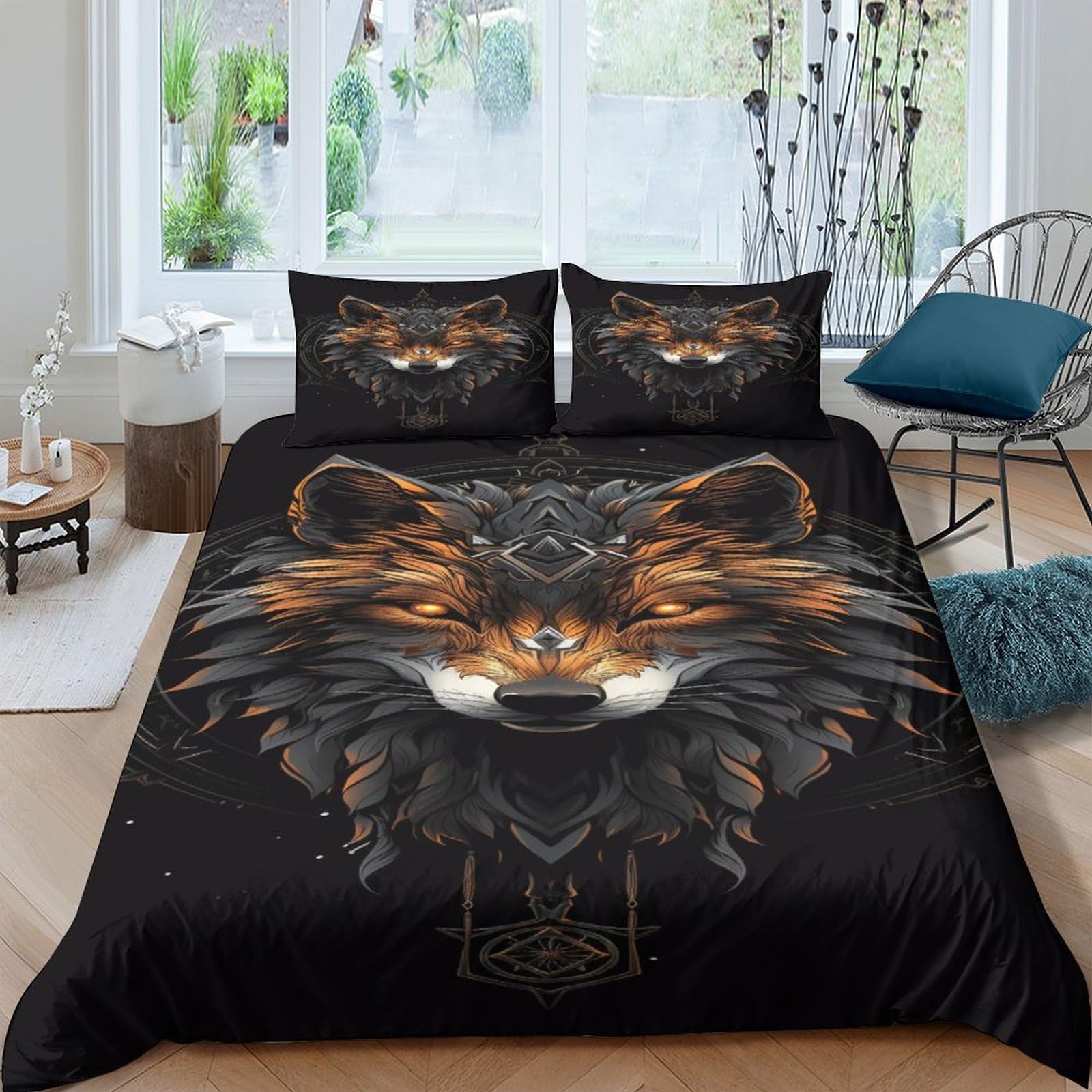 Housse de couette loup 3 pièces avec taies d'oreiller, parure de lit hypoallergénique