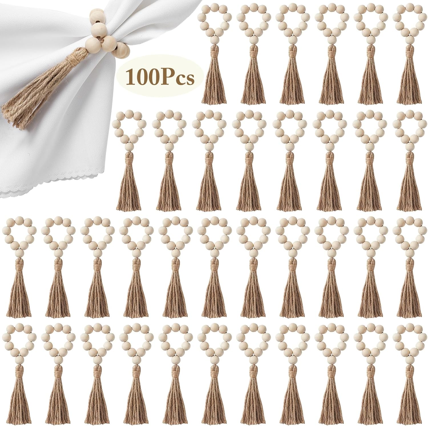 APTWOW Napkin Rings Set of 100, Wooden Napkin Rings, Wood Bead Napkins Rings for Table Decor, Farmhouse Napkins Rings for Boho Table Decor, Family Banquet, Wedding, Holiday Dinner Party