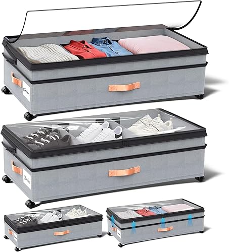 Almacenamiento debajo de la cama con ruedas, 2 paquetes de organizador grande debajo de la cama con tapa, contenedores de zapatos de altura