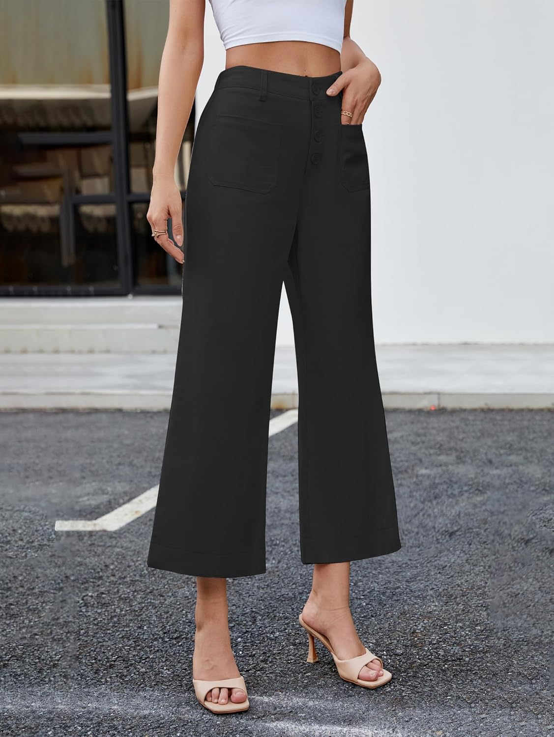 Famulily Womens Button Down Wide Leg High Elastic Waisted Capri Pants Casual Dressy Cropped Pants with Patch Pockets - Image 2