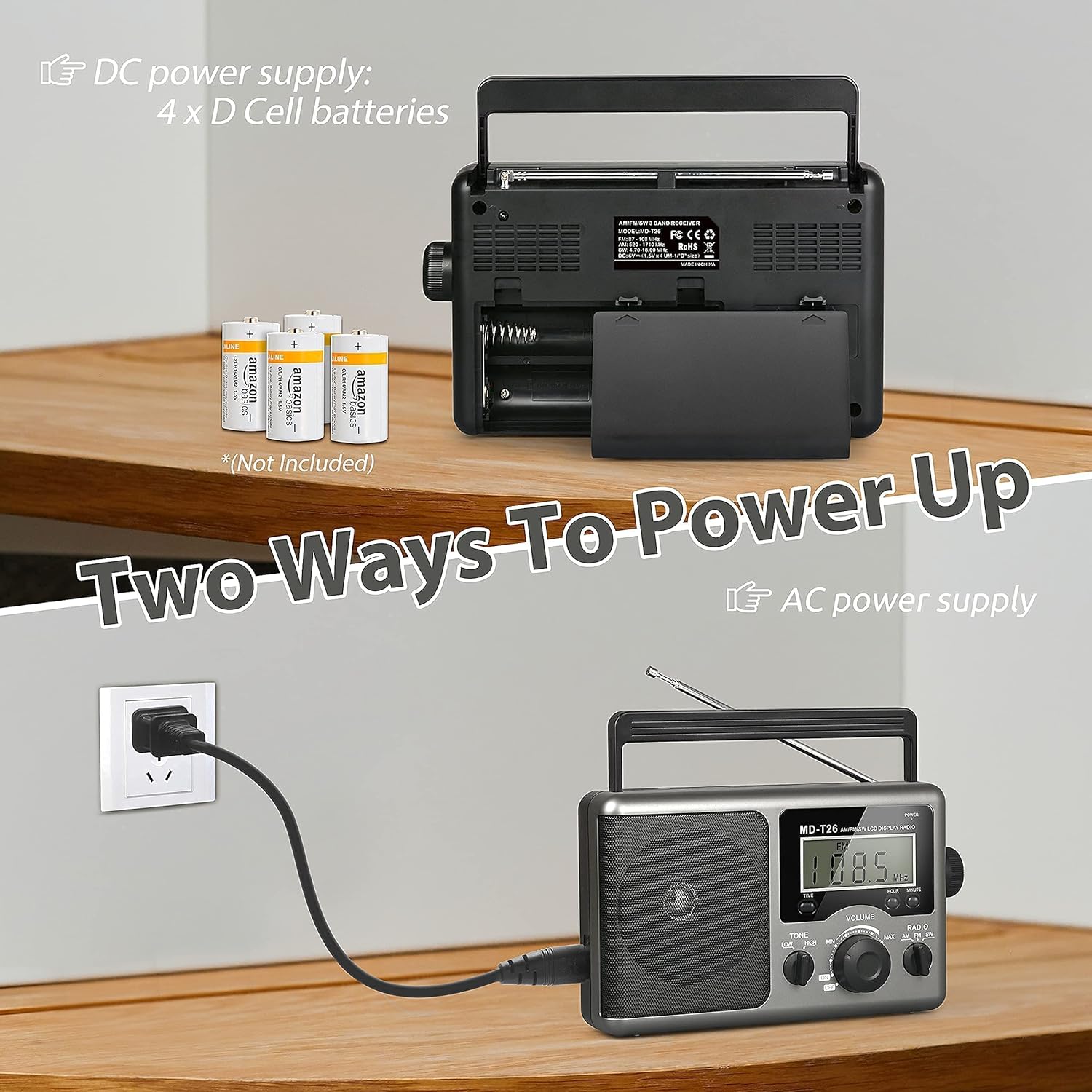 Greadio MD-T26 radio showing AC power connection and D cell battery compartment