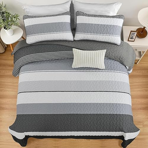 Vista 69 de Juego de edredón gris tamaño King, colcha de cultivo bohemio de otoño a rayas, juego de ropa de cama de microfibra bohemia de 3 piezas, colcha Gris