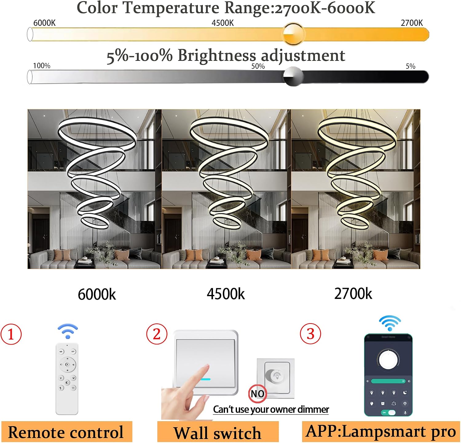 Modern LED 5 Ring Chandelier High Ceiling Large Black Ring Chandeliers Circle Pendant Light Contemporary Foyer Chandelier for Staircase Dimmable 2700K-6000K