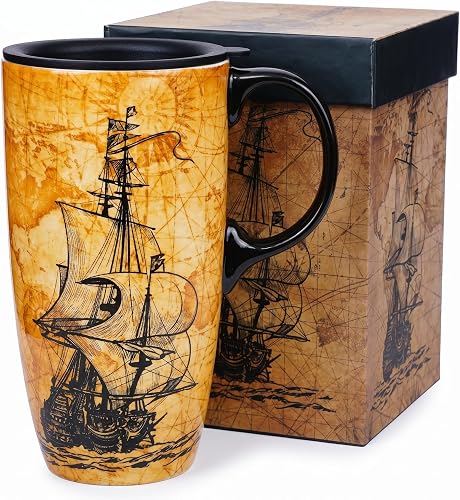 Topadorn Taza de café de cerámica de viaje con tapa, 481.9 g, taza de té alta de