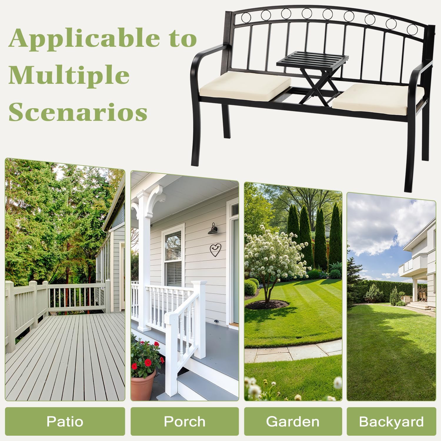 AVAWING Outdoor Metal Garden Bench, 2-Seat Patio Porch Bench with Steel Frame, Park Bench w/Pullout Middle Table＆ Cushion for Backyard Lawn Deck Entryway, Black