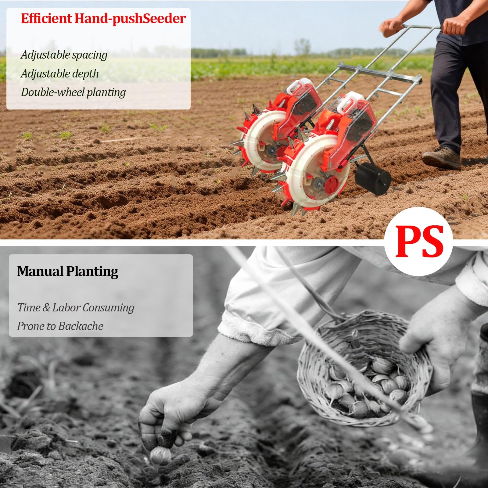 Seminatrice a Rullo Manuale, seminatrice per orto con Ruota di pressatura, spaziatura Regolabile per Semina e concimazione, per Giardino e Fattoria(7 nozzles)