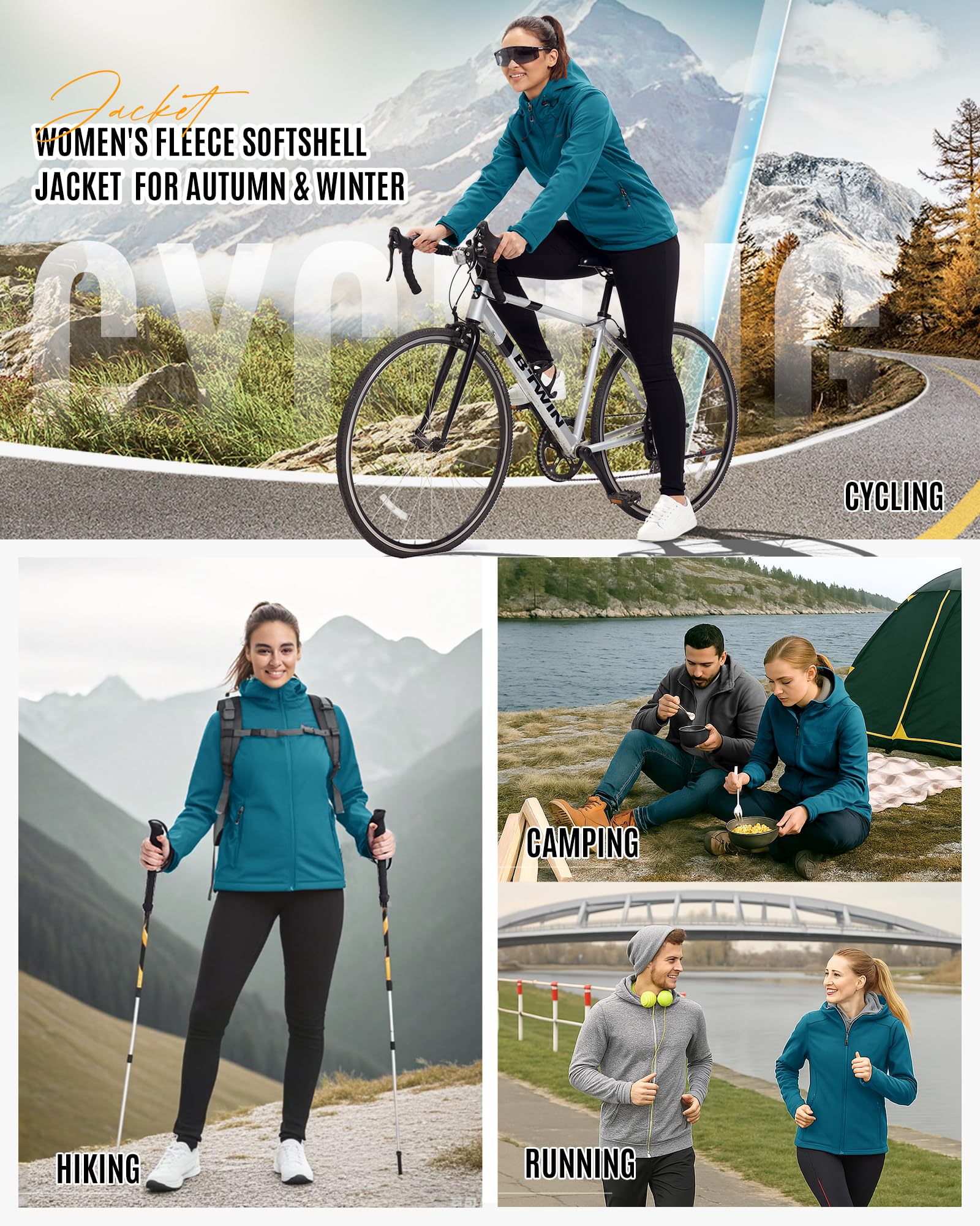 33,000ft Veste softshell doublée en polaire pour femme - Imperméable - Veste fonctionnelle avec capuche - Coupe-vent - Pour le cyclisme, la randonnée