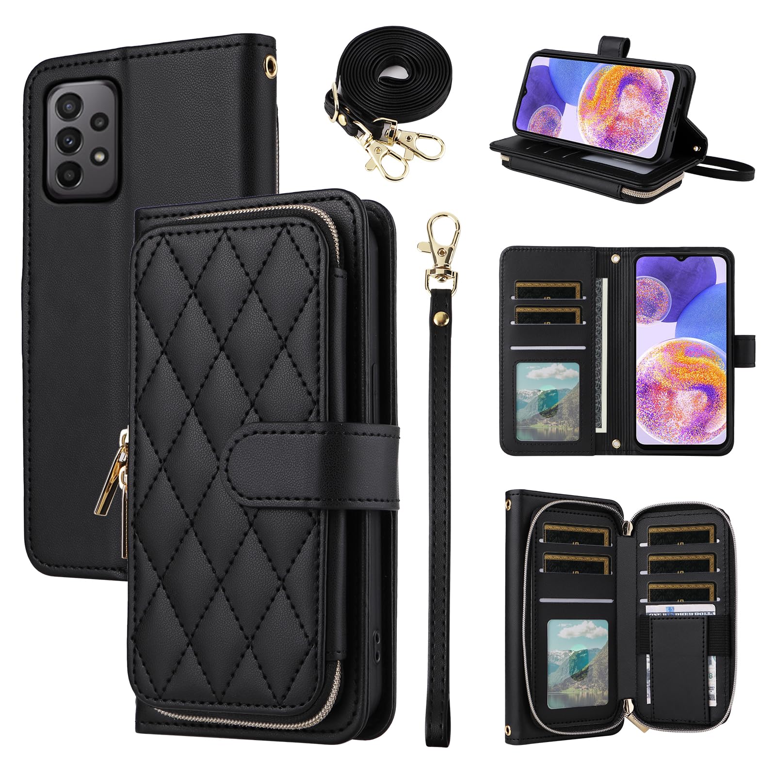 Furiet Wallet Case for Samsung Galaxy A52/A52S 5G with Detachable Wrist Strap, 9+ Card Slots Zipper Purse, Luxury PU Leather Stand Full Body Phone