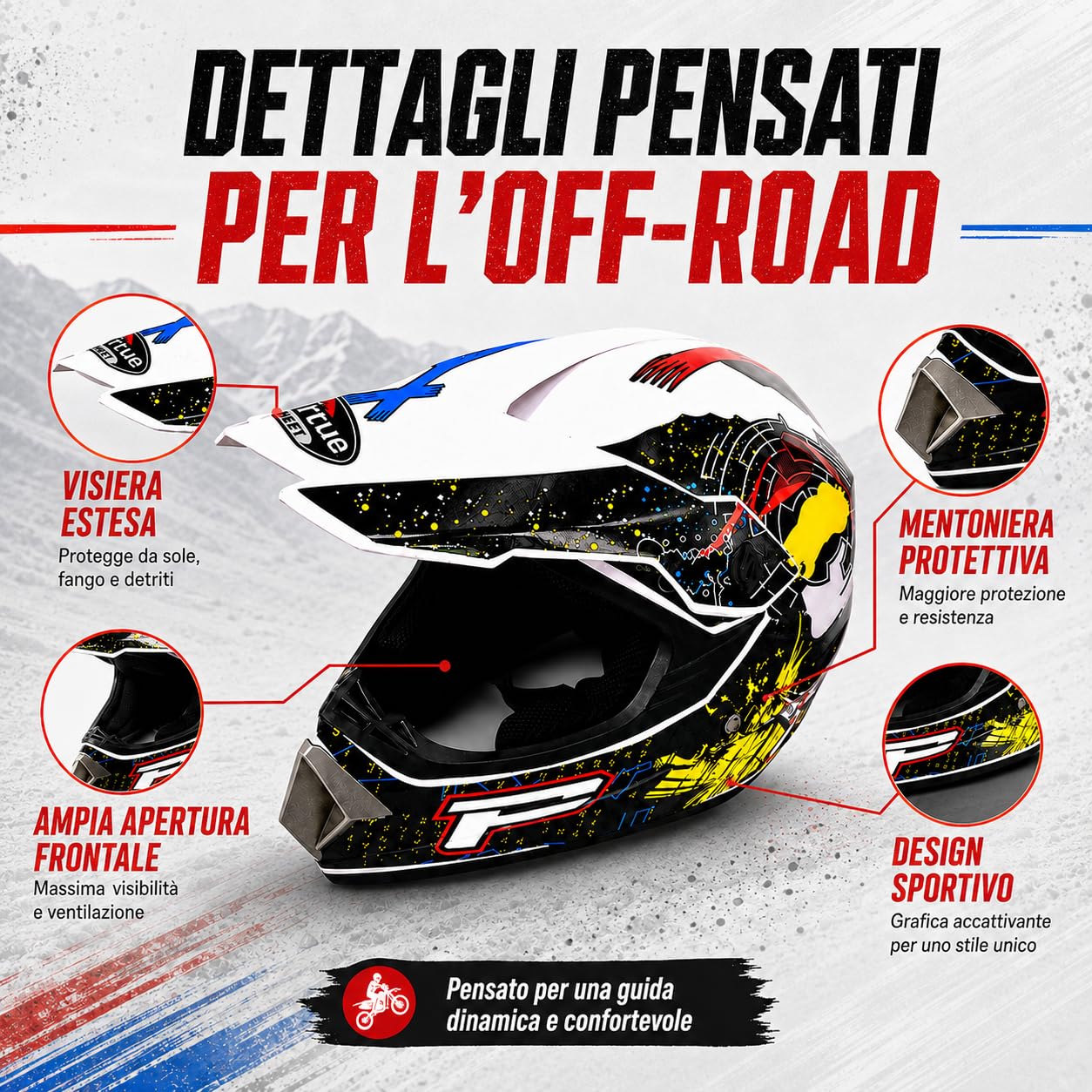 Casco Enduro Moto Bianco, Kit Motocross 4 Pezzi con Occhiali e Guanti