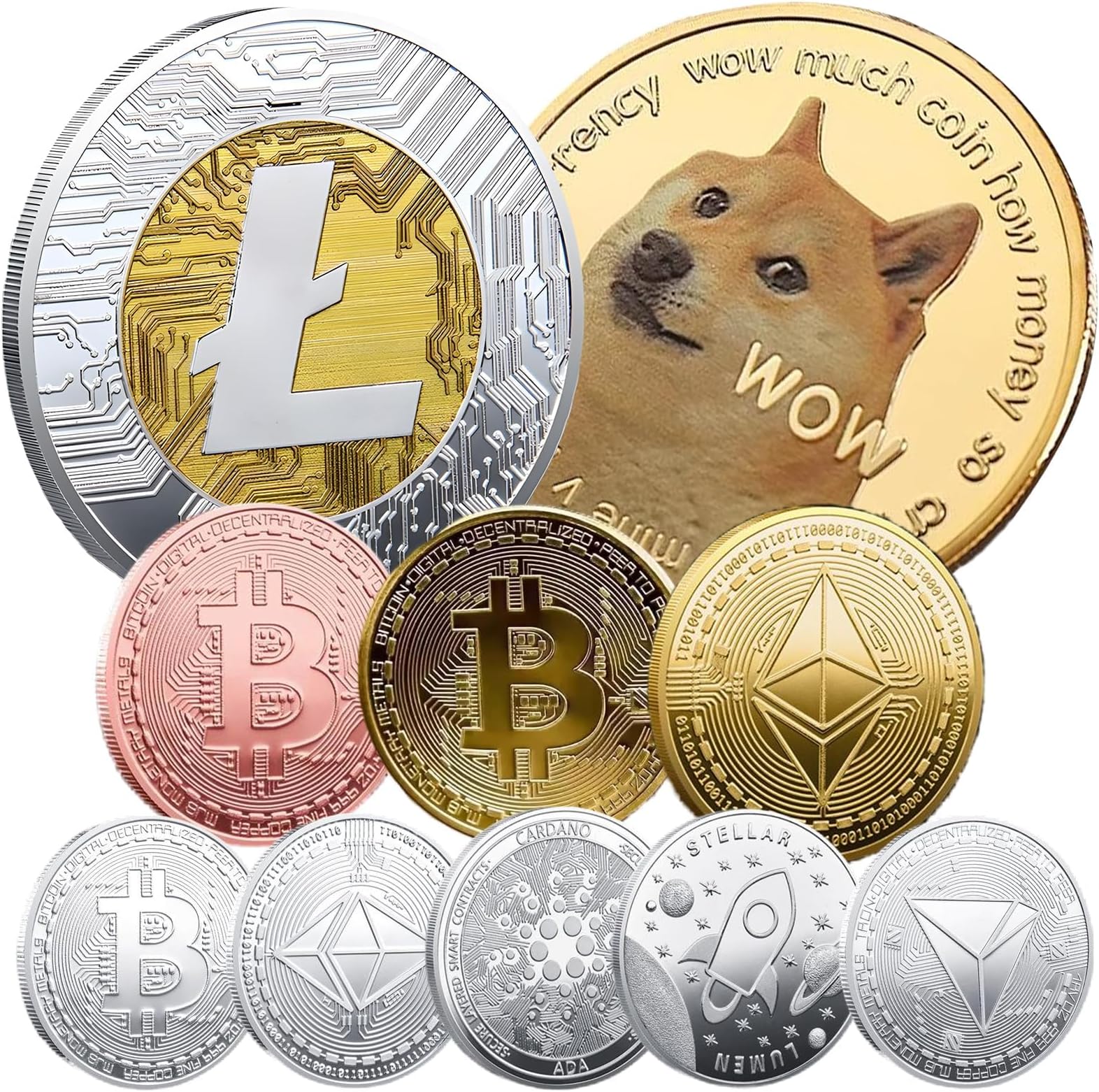 【10pcs】 Physical Commemorative Coins Set, Including Dogecoin, Bitcoin, Litecoin, Ripple, Cardano, Stellar and Ethereum, Uniquely Crafted with Alloy Electroplating and Cool Fidget Toys,24K Gold Plated