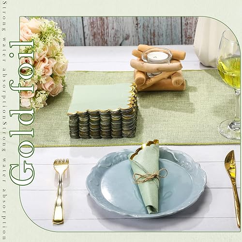 Miniatura 4 de Panelee Paquete de 100 servilletas de cóctel verde salvia con lámina dorada de 2 capas de postre plegadas de 5 x 5 pulgadas, servilletas desechables