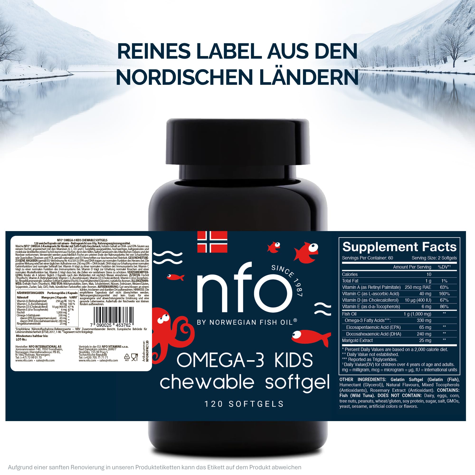 NFO Omega 3 Kids – 120 Mini Kaukapseln | Norwegisches Fischöl in Triglyzeridform | Mit EPA DHA & Vitaminen D3 A C E | Tutti Frutti Geschmack | Made in Norway