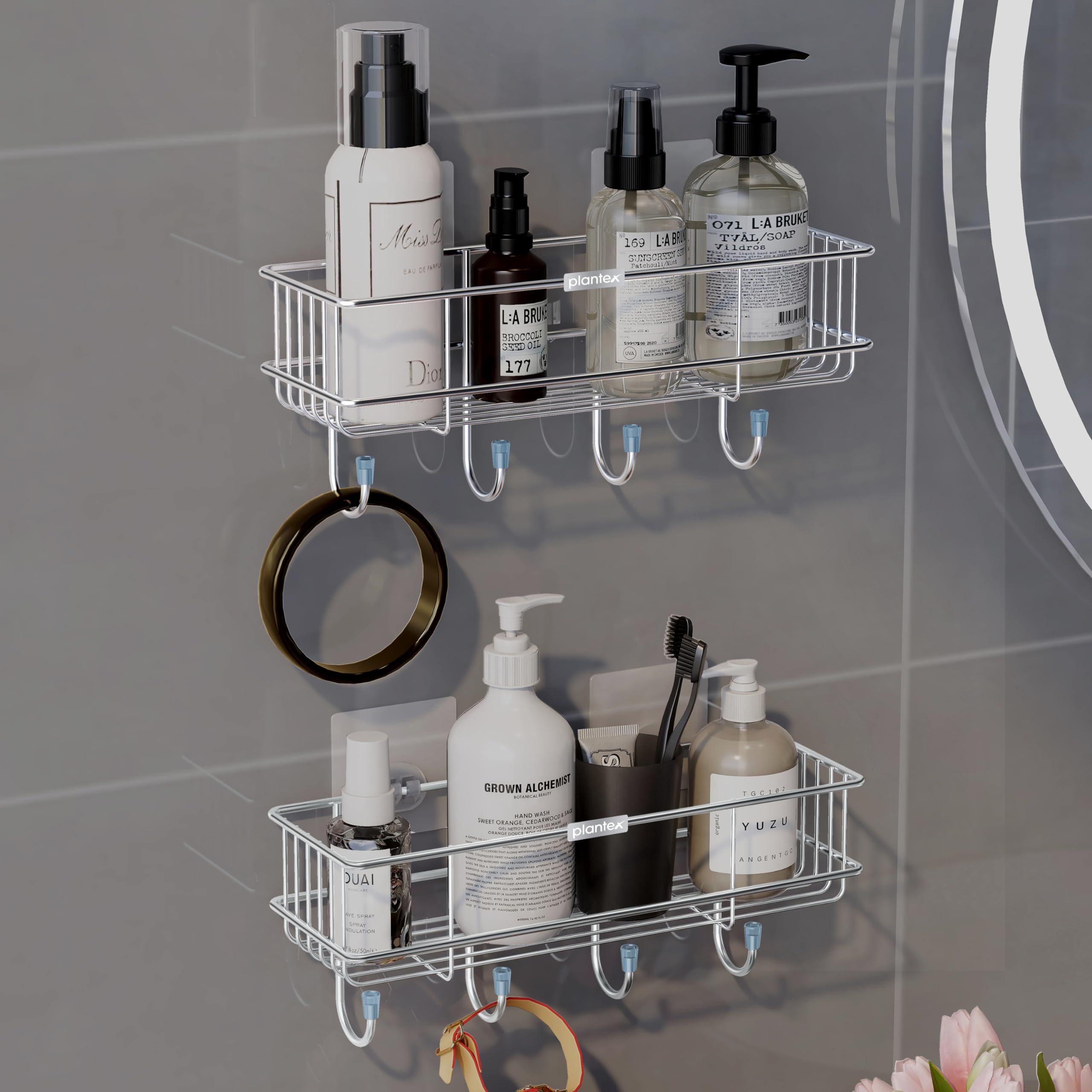 Plantex Stainless Steel Bathroom Organiser Without Drill/Multipurpose Shelf with Hooks/Drill Free Shampoo Holder for Bathroom - Wall Mount - Pack of 2 (Chrome)