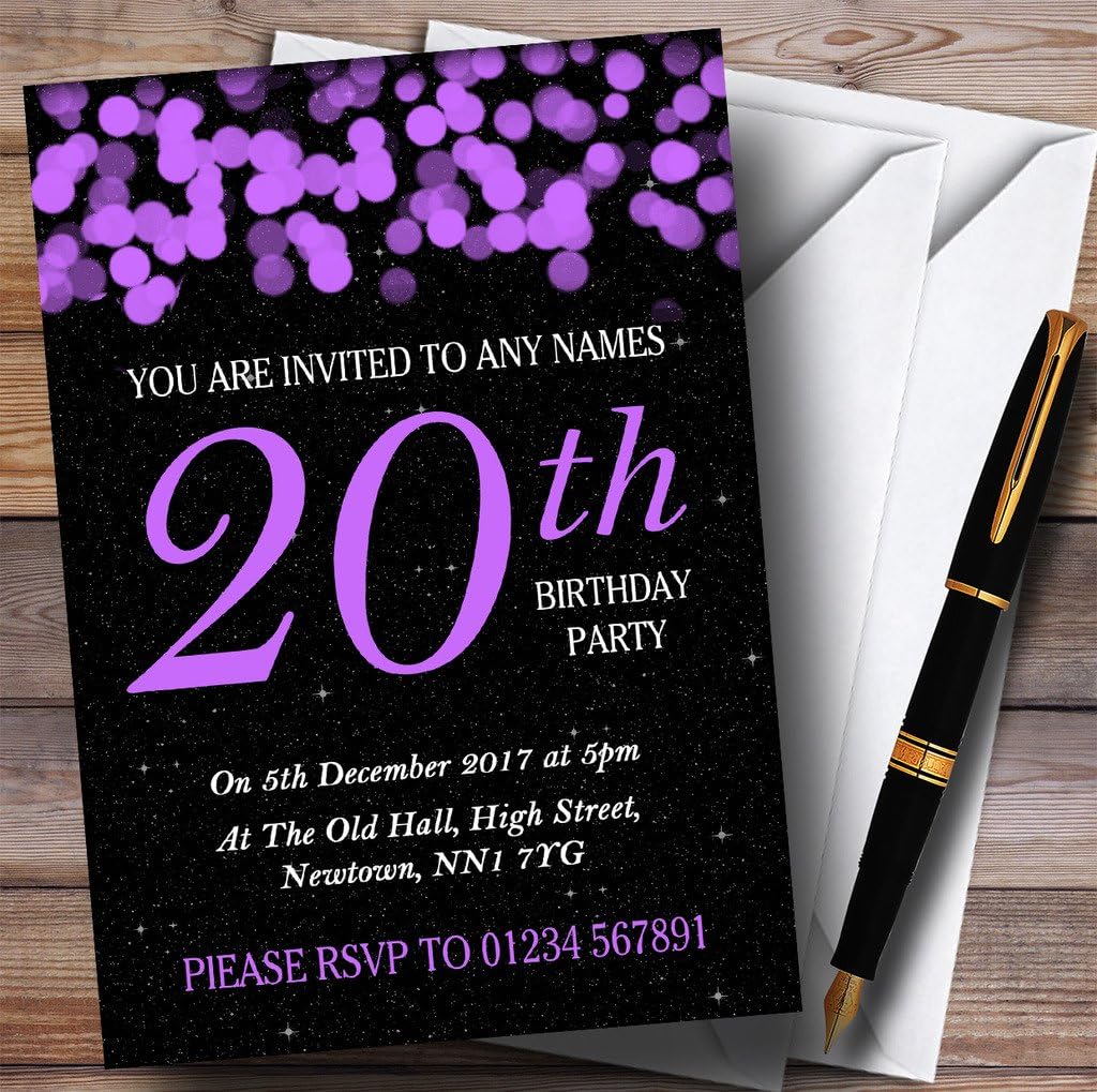 Purple Bokeh & Stars 20th Personalized Birthday Party Invitations
