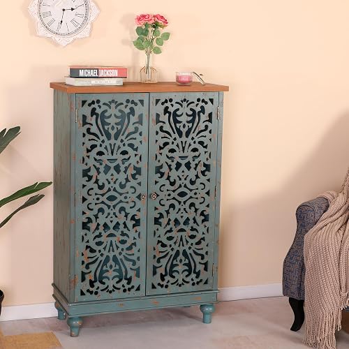 MAISON ARTS Accent Cabinet with 2 Doors, 47.4" Tall Distressed Storage Cabinet with Solid Wood Legs Living Room Dining Room Cabinet, Blue