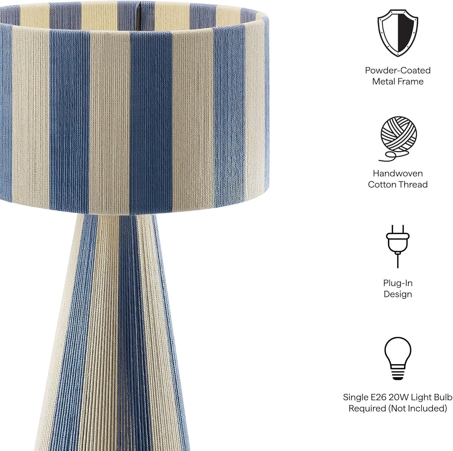 Modway Renae Vintage Modern Cotton Thread Table Lamp in Capri Blue - Unique Retro Boho Accent Lamp with Metal Base and Evenly Spaced Striped Design