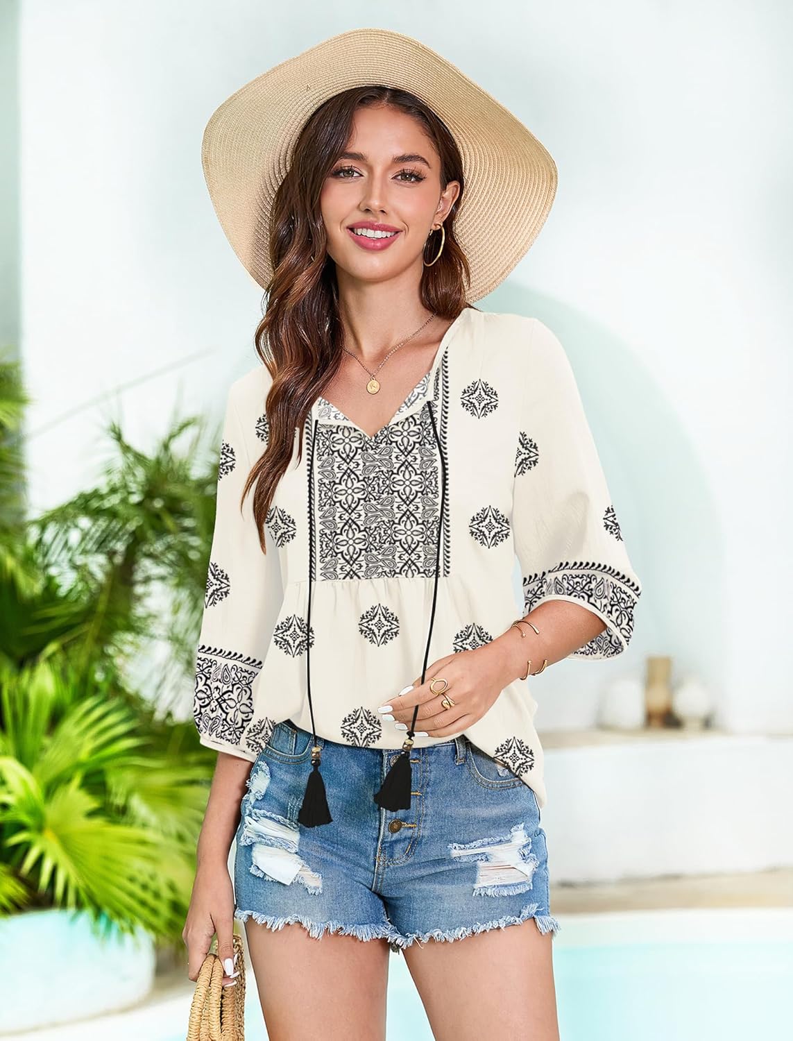 Boho Tops for Women Floral Print 3/4 Sleeve V Neck Blouse Pleated Flowy Vacation Casual Summer Tunic Blouses - Image 2